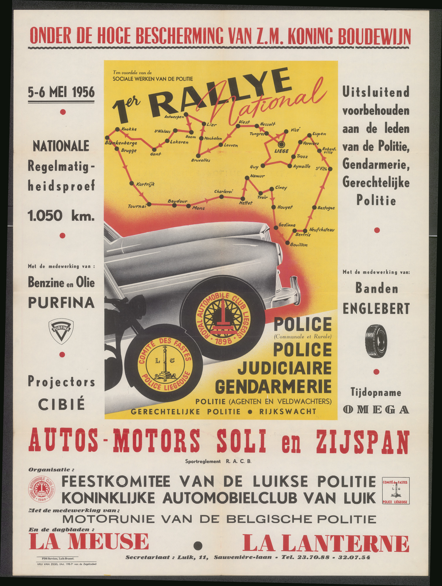 1er Rallye national Police (Communale et Rurale) - Police, Judiciaire, Gendarmerie / Politie (Agenten en Veldwachters), Gerechtelijke politie - Rijkswacht, Luik, 5 mei - 6 mei 1956