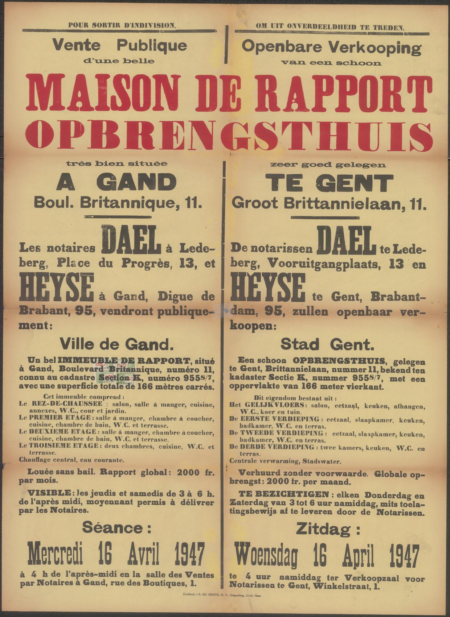 Openbare verkoop van een schoon opbrengsthuis zeer goed gelegen te Gent, Groot Brittannielaan, nr.11, Gent, 16 april 1947