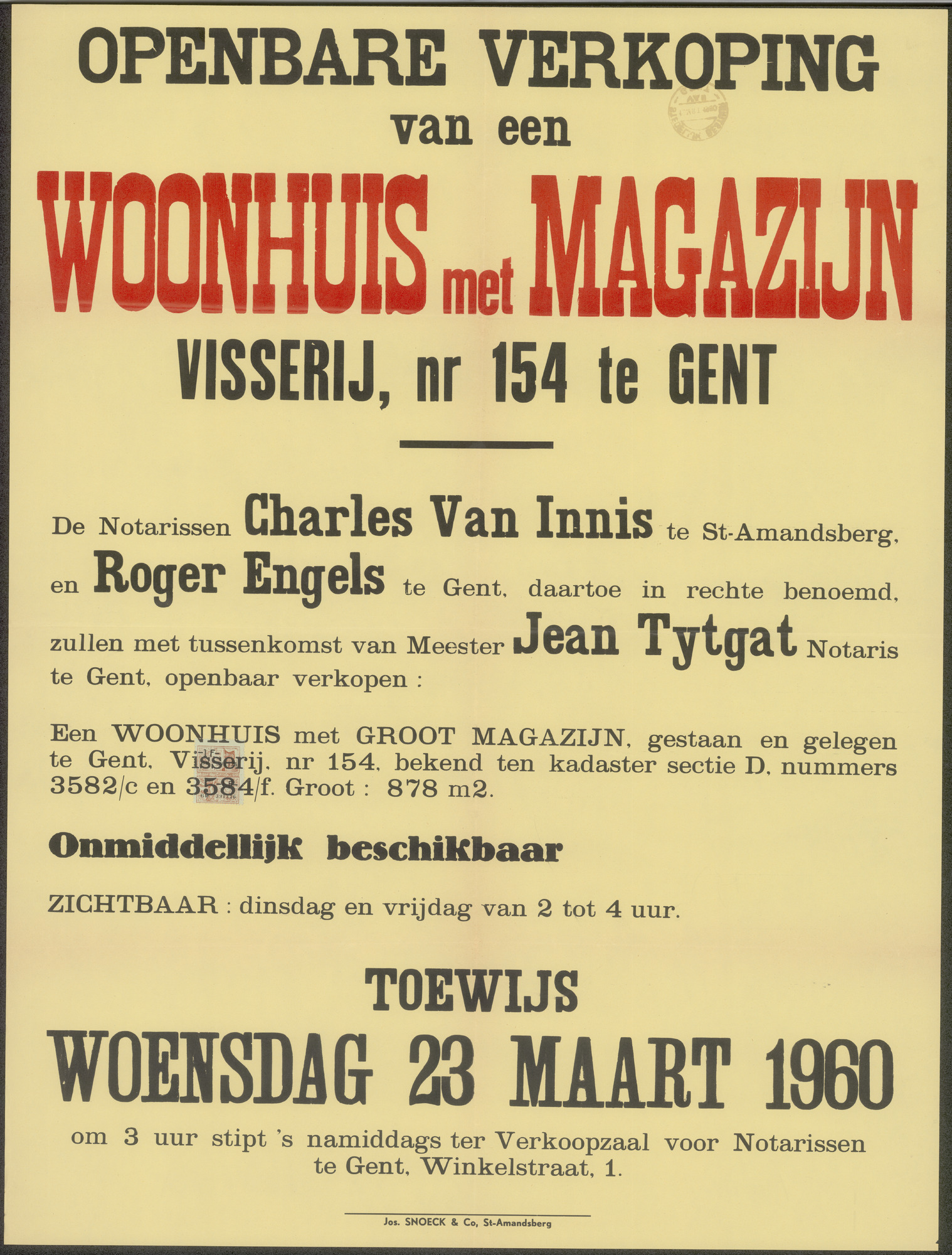 Openbare verkoop van een woonhuis met magazijn, Visserij, nr. 154 te Gent, Gent, 23 maart 1960