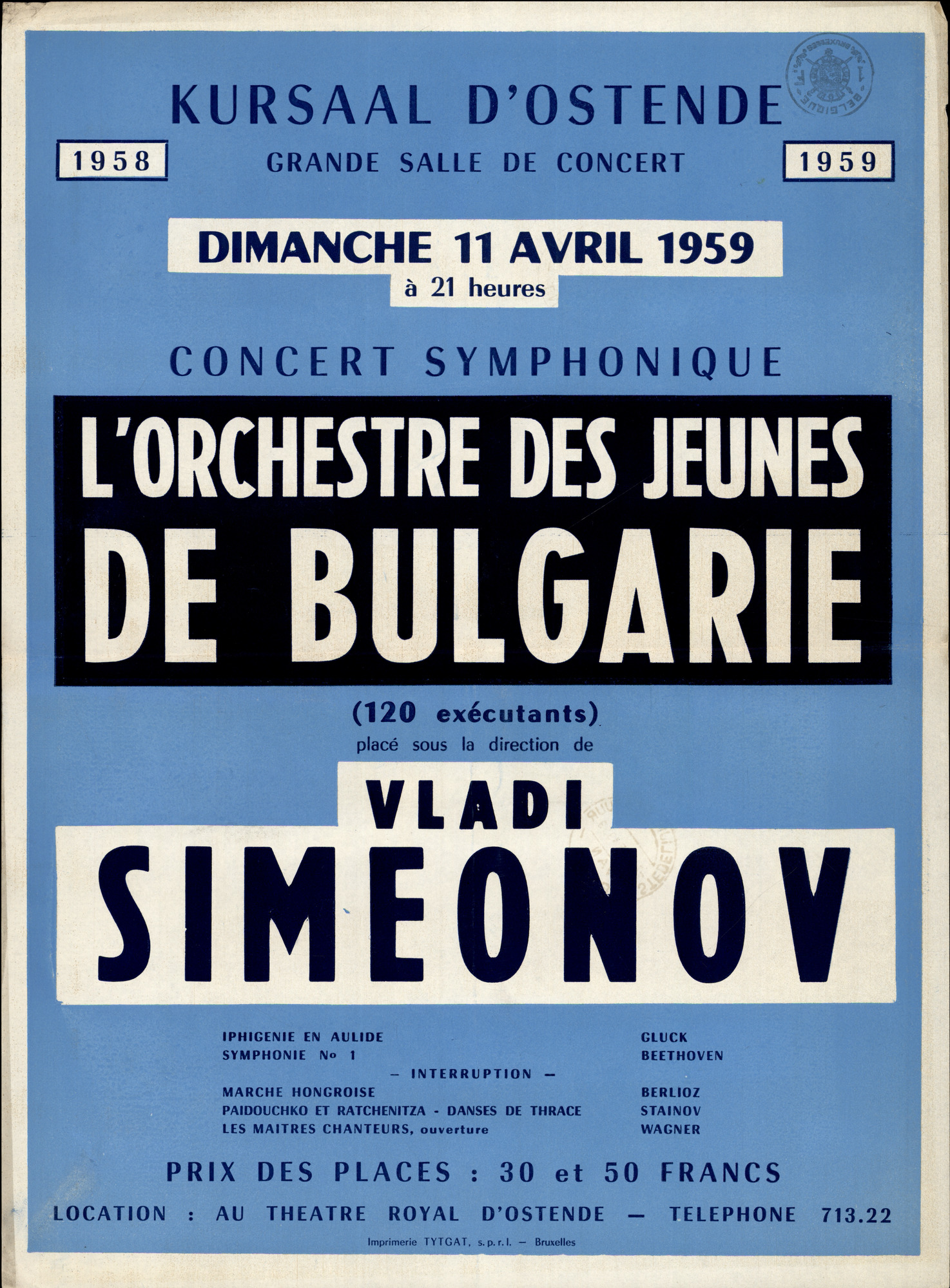 L'orchestre des Jeunes de Bulgarie, Vladi Simeonov, Concert Symphonique, Dimanche 11 avril 1959 à 21 heure, Kursaal d'Ostende 1958 / 1959