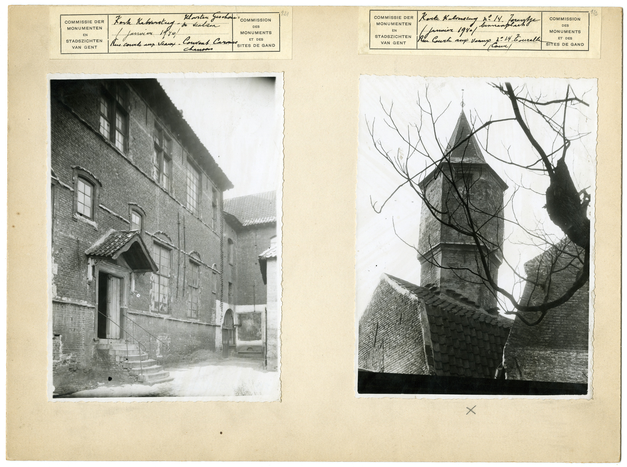 Gent:Patershol,Trommelstraat, twee foto's, 1940, Infirmerie, Brouwerij, Geschoeide Karmelieten, Zwaanstraat, Henri Coppejans