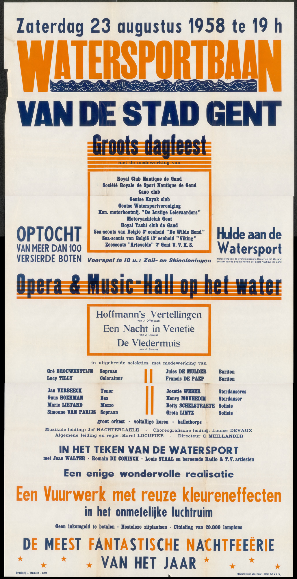 Watersportbaan van de stad Gent, Groots dagfeest, Opera & Music-hall op het water, Een vuurwerk met reuze kleureffecten, De meest fantastische nachtfeeërie van het jaar, 23 augustus 1958