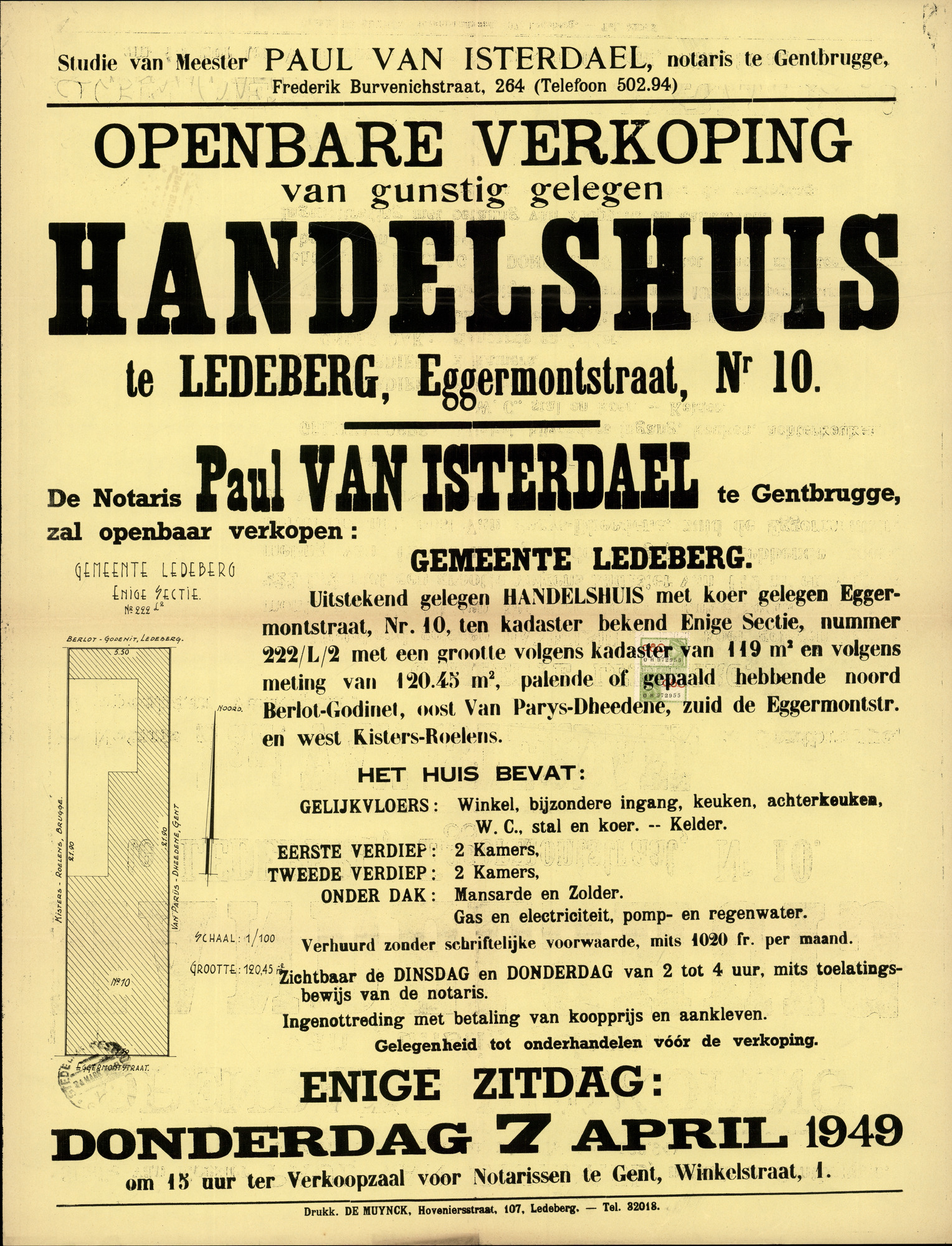 Openbare verkoop van gunstig gelegen handelshuis te Ledeberg, Eggermontstraat, nr.10, Gent, 7 april 1949