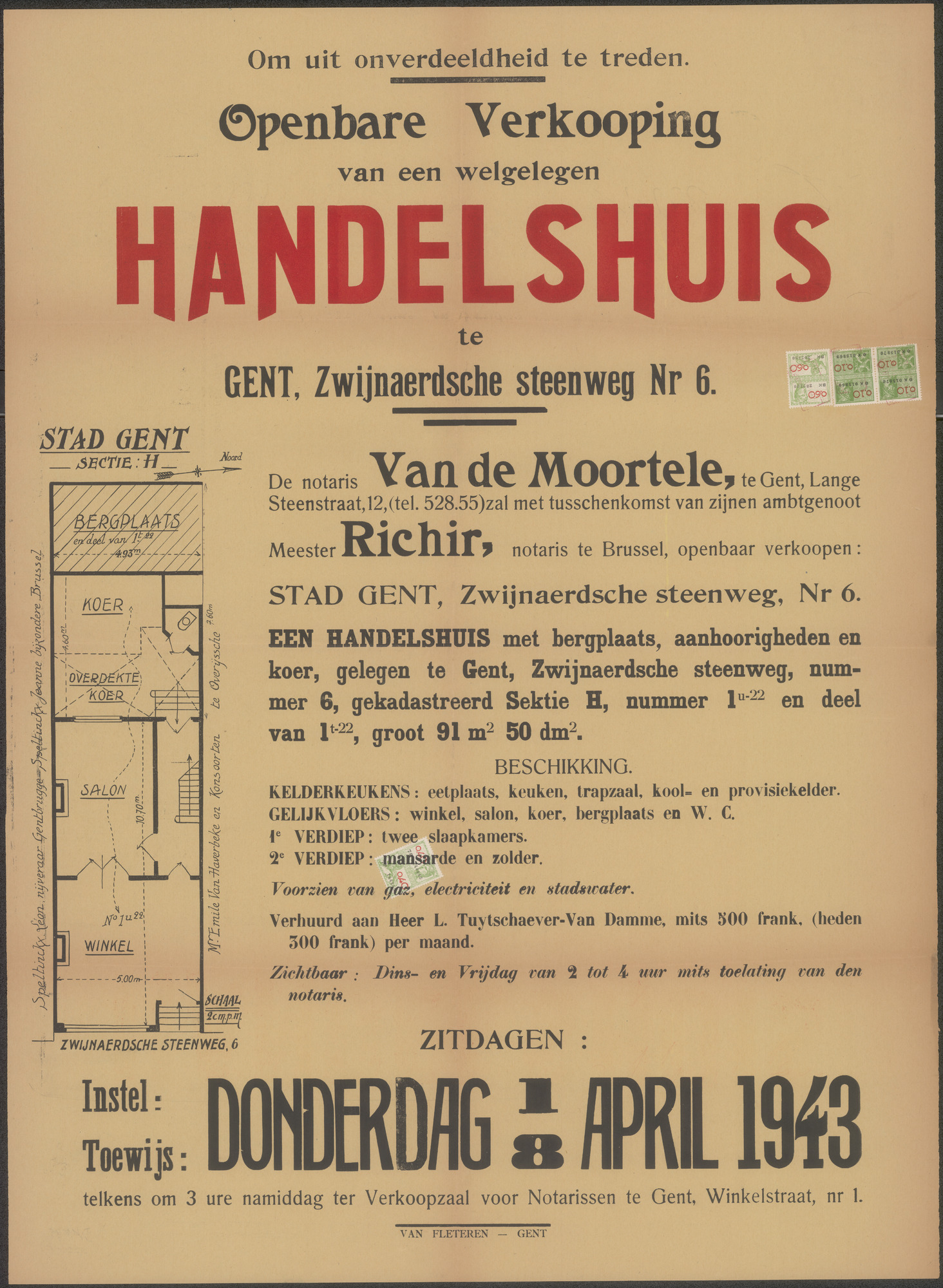 Openbare verkoop van een welgelegen handelshuis te Gent, Zwijnaerdsche steenweg (Zwijnaardsesteenweg) nr.6, Gent, 8 april 1943