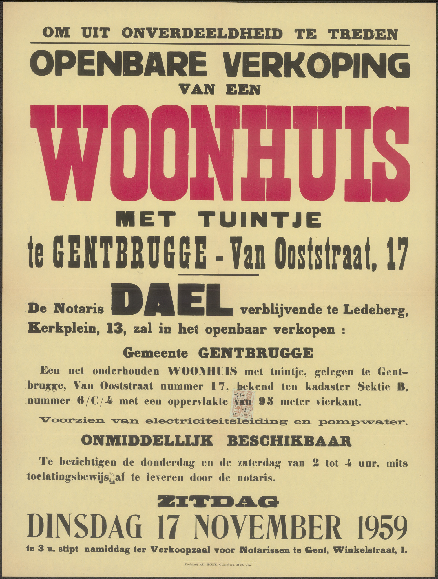 Openbare verkoop van een woonhuis met tuintje te Gentbrugge - Van Ooststraat, nr.17, Gent, 17 november 1959