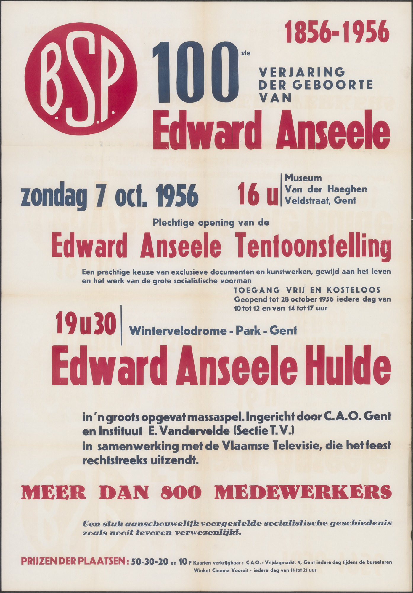 B.S.P., 100e verjaardag van de geboorte van Edward Anseele, 1856-1956, Edward Anseele Tentoonstelling, Edward Anseele Hulde, zondag 7 oktober 1956, Gent