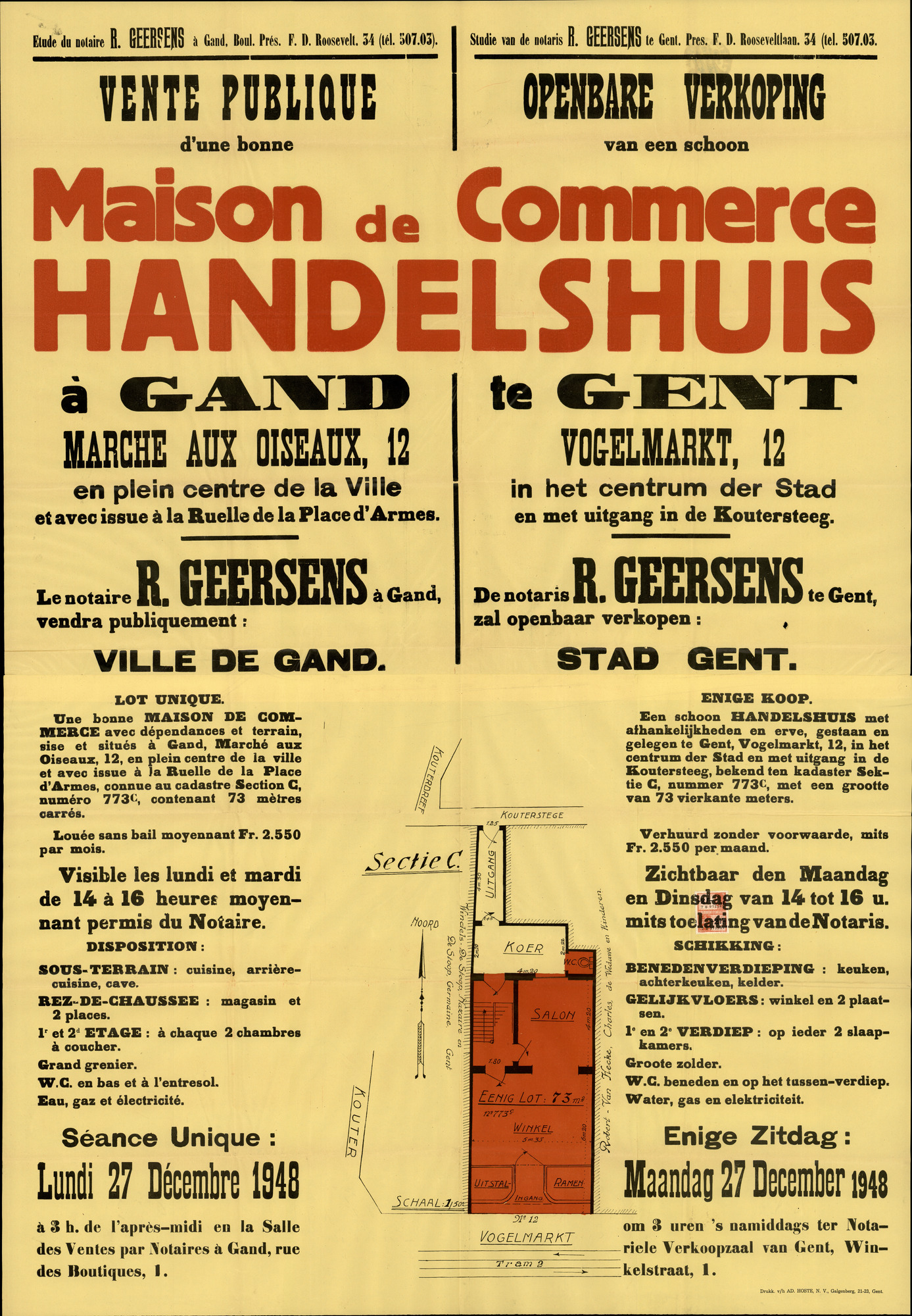 Openbare verkoop van een schoon handelshuis te Gent, Vogelmarkt, nr.12, Gent, 27 december 1948