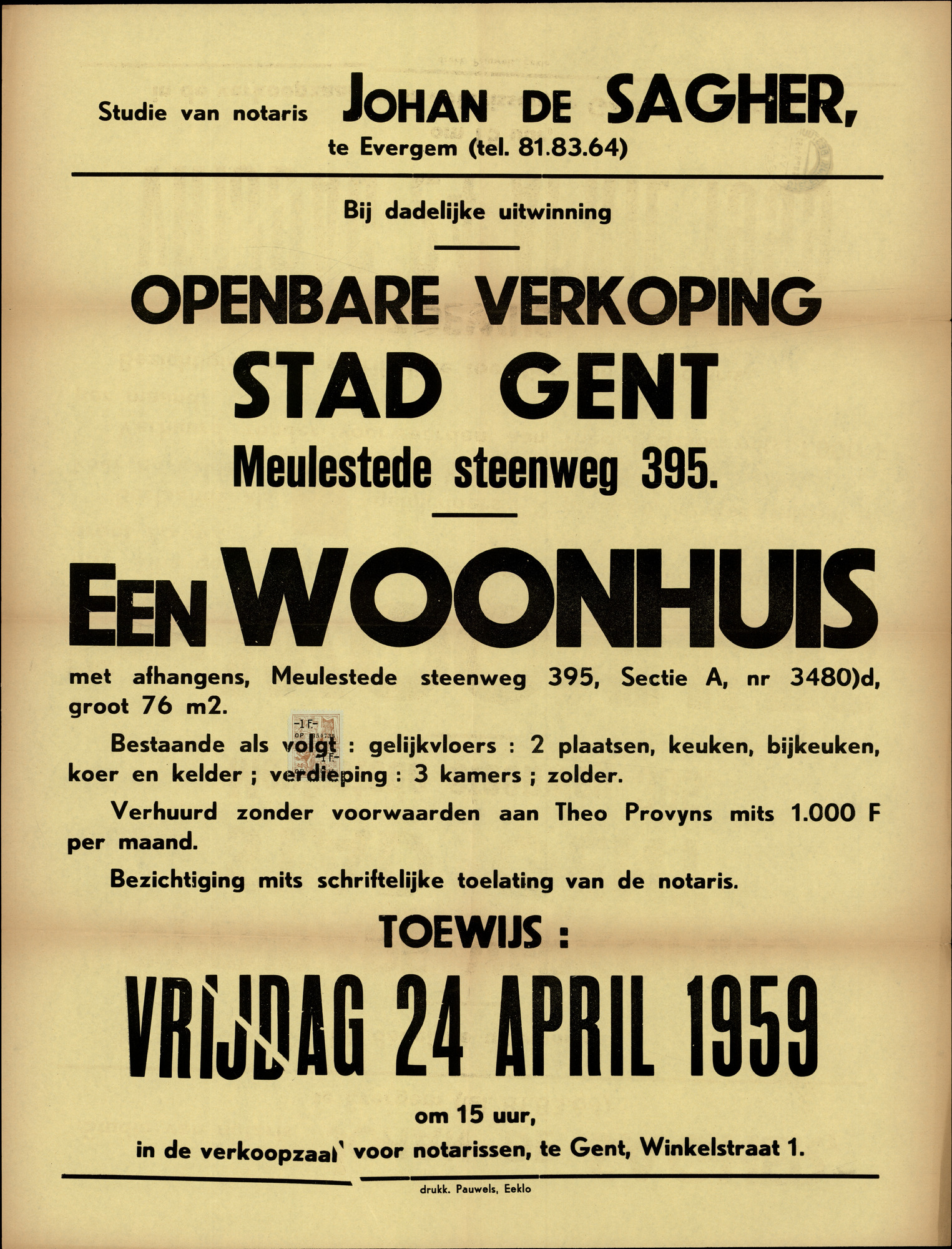 Openbare verkoop Stad Gent, Meulestedesteenweg, nr. 395, een woonhuis, Gent, 24 april 1959