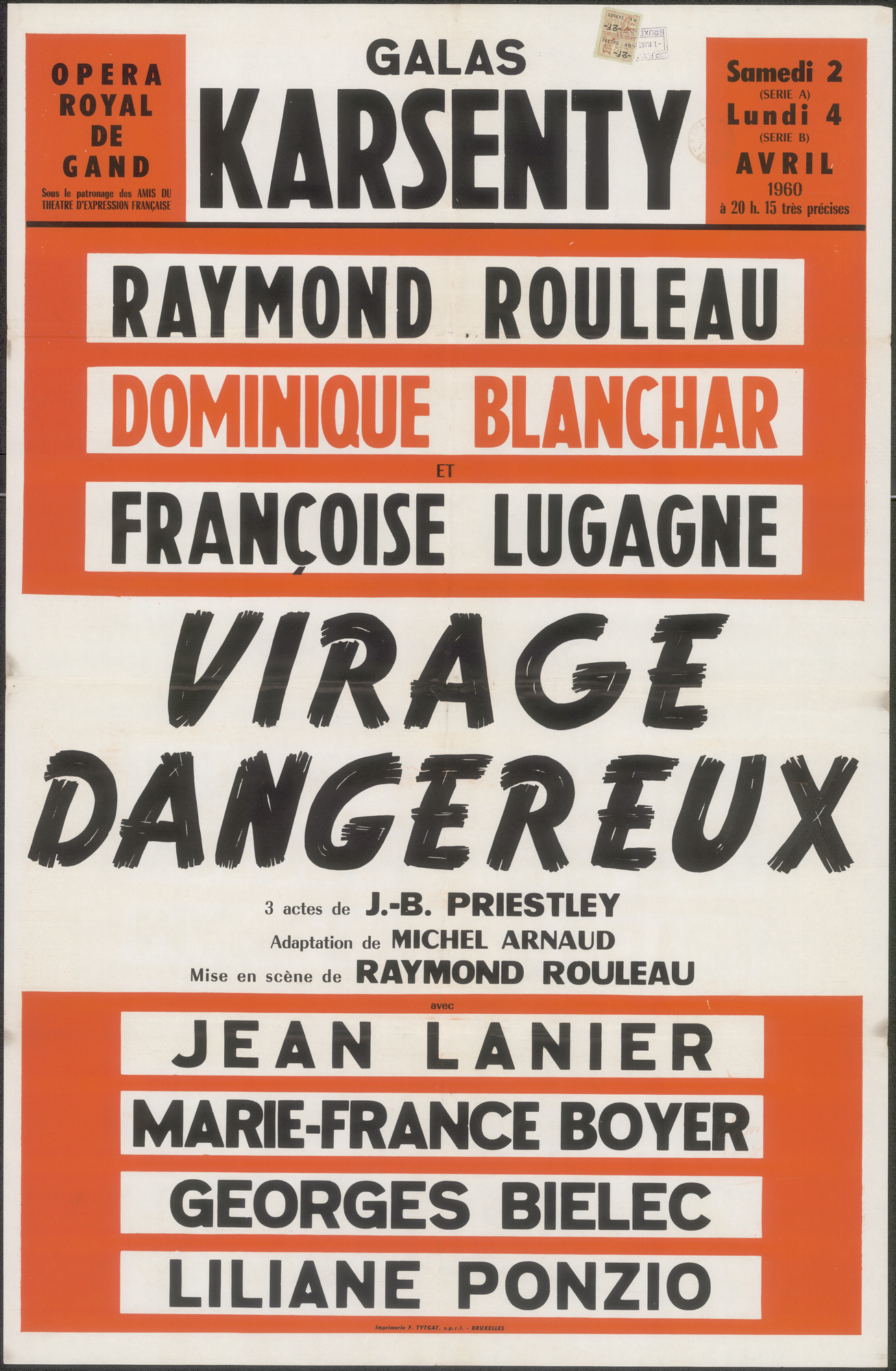 Virage Dangereux, Galas Karsenty, Opera Royal De Gand (Koninklijke Opera Gent), Gent, 1960