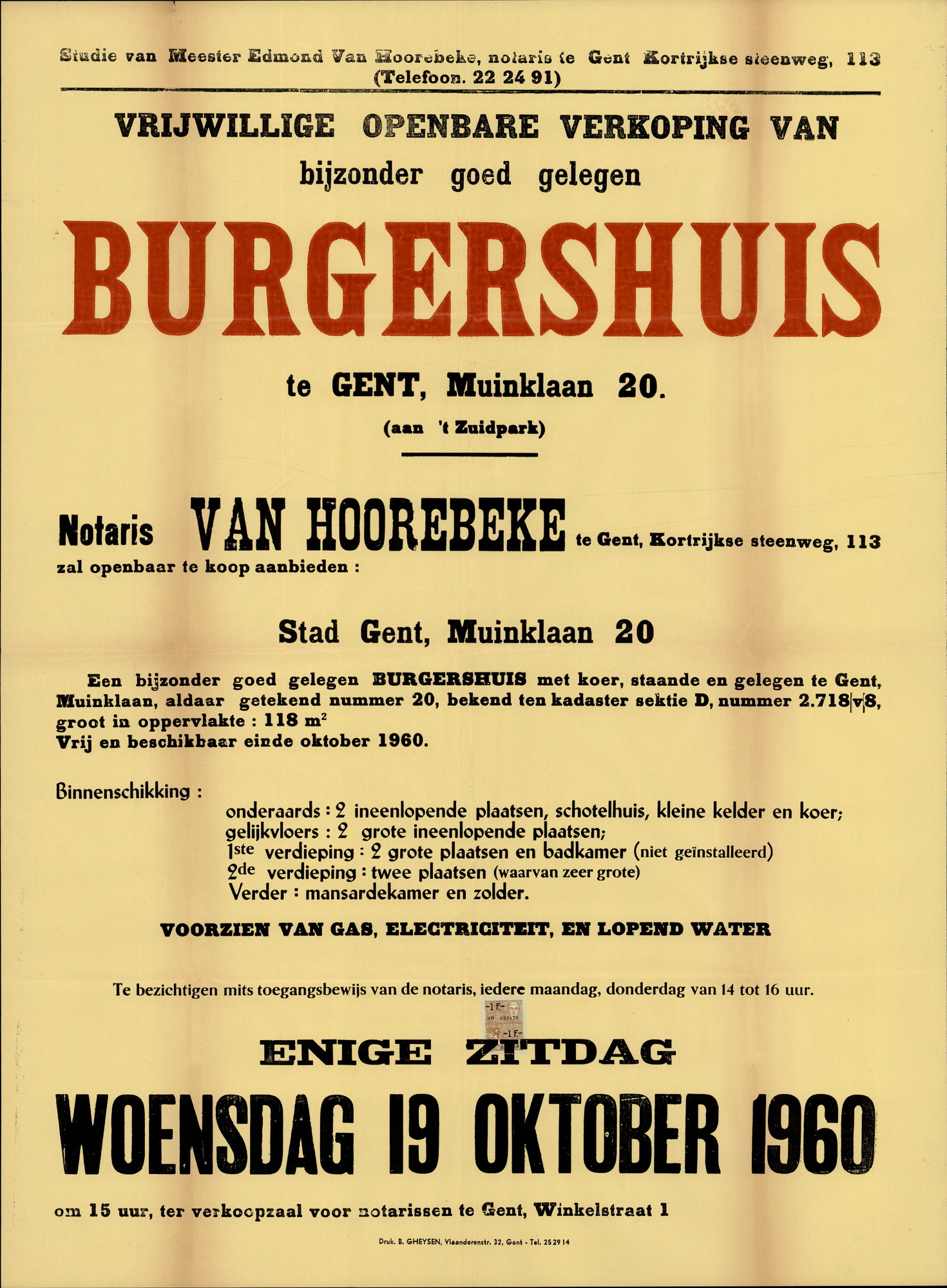 Vrijwillige openbare verkoop van bijzonder goed gelegen burgershuis te Gent, Muinklaan, nr.20, (aan 't Zuidpark), Gent, 19 oktober 1960