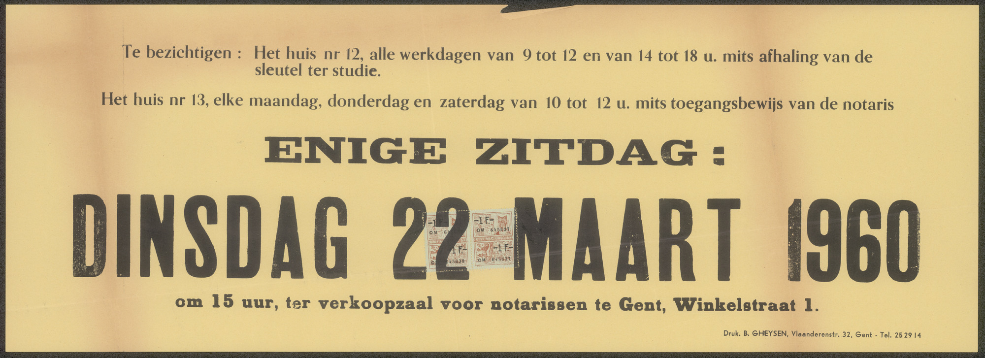 Vrijwillige openbare verkoop van twee aaneenpalende burgershuizen met tuin, zeer gunstig gelegen te Gent, Hofbouwlaan, nrs.12 en 13 (aan het Stadspark-Heuvelpoort), Gent, 1960