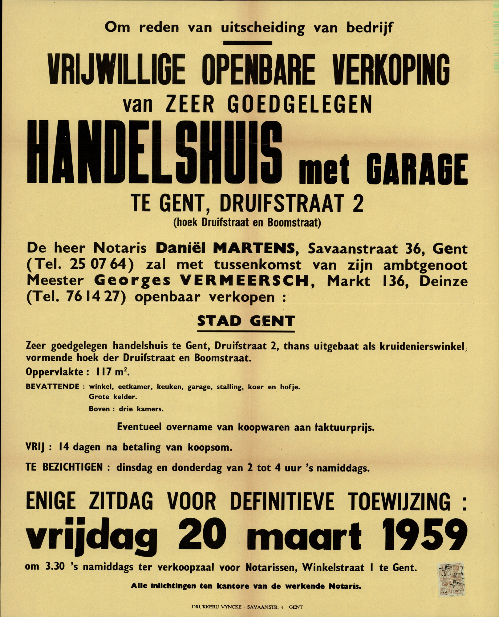 Vrijwillige openbare verkoop van zeer goed gelegen handelshuis met garage te Gent, Druifstraat, nr.2, Gent, 20 maart 1959