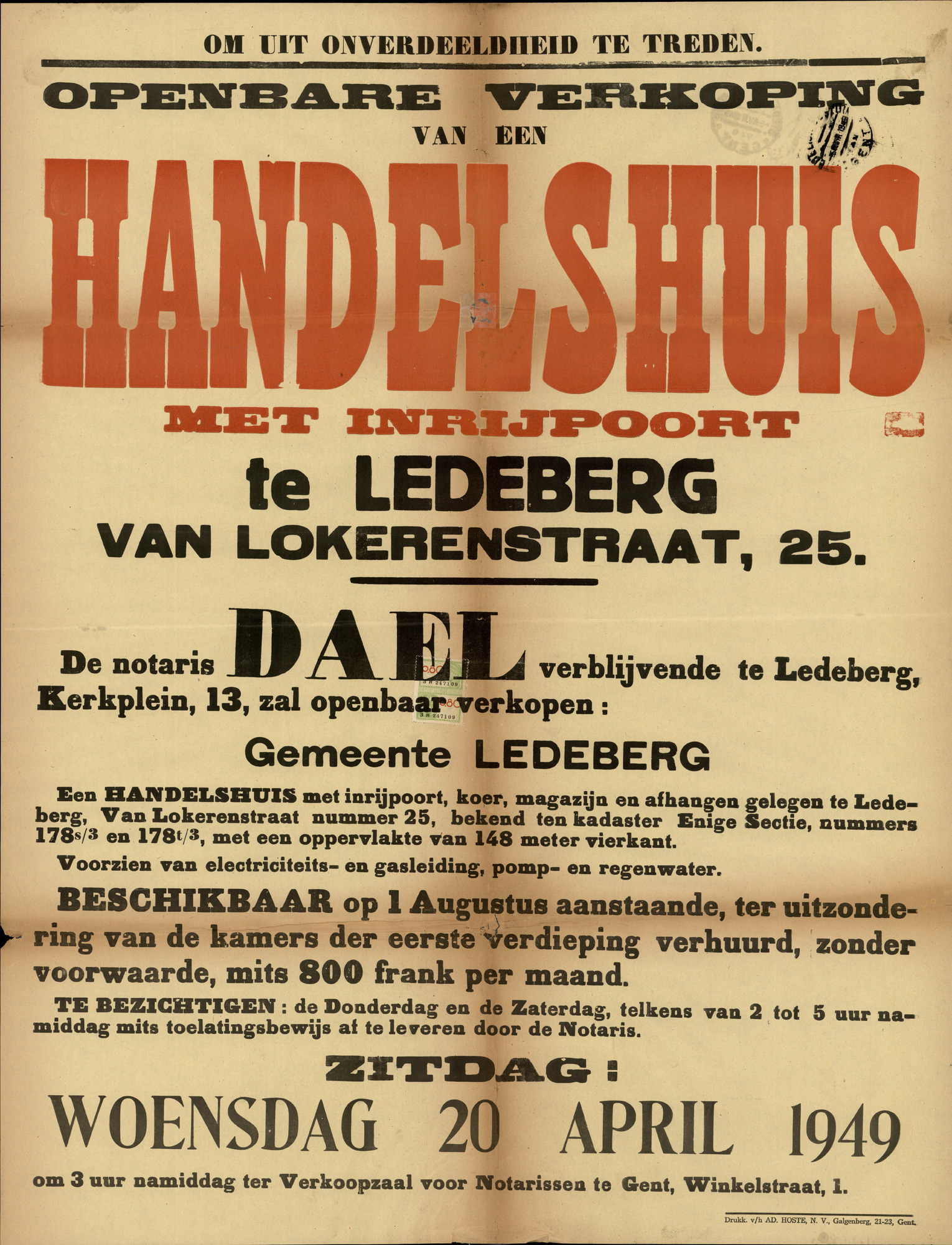 Openbare verkoop van een handelshuis met inrijpoort te Ledeberg, August Van Lokerenstraat, nr.25, Gent, 20 april 1949