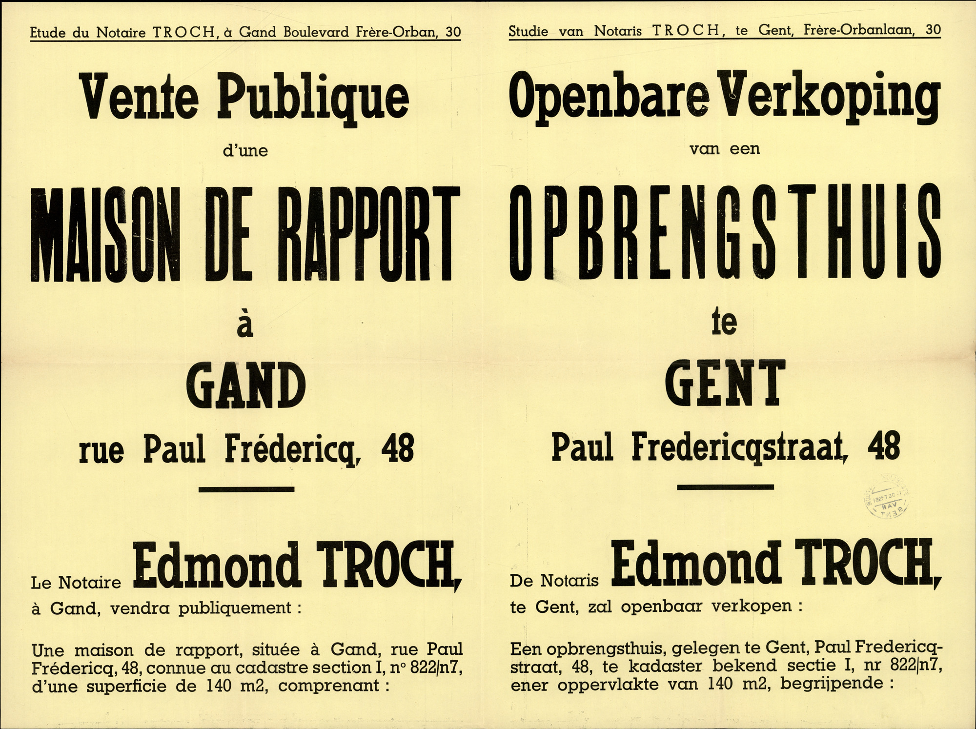 Openbare verkoop van een opbrengsthuis te Gent, Paul Fredericqstraat, nr.48