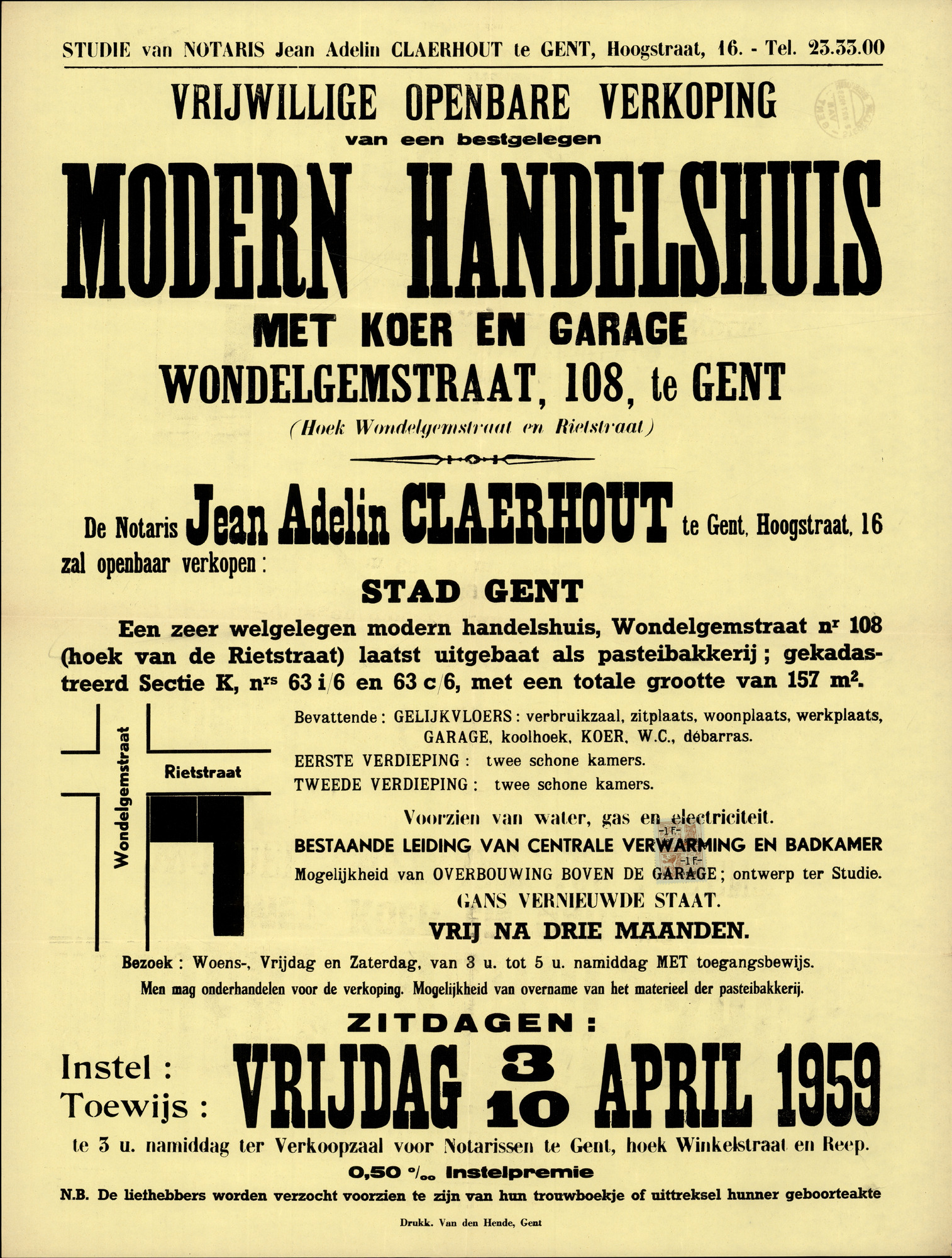 Vrijwillige openbare verkoop van een bestgelegen modern handelshuis met koer en garage, Wondelgemstraat, nr.108, te Gent, 10 april 1959