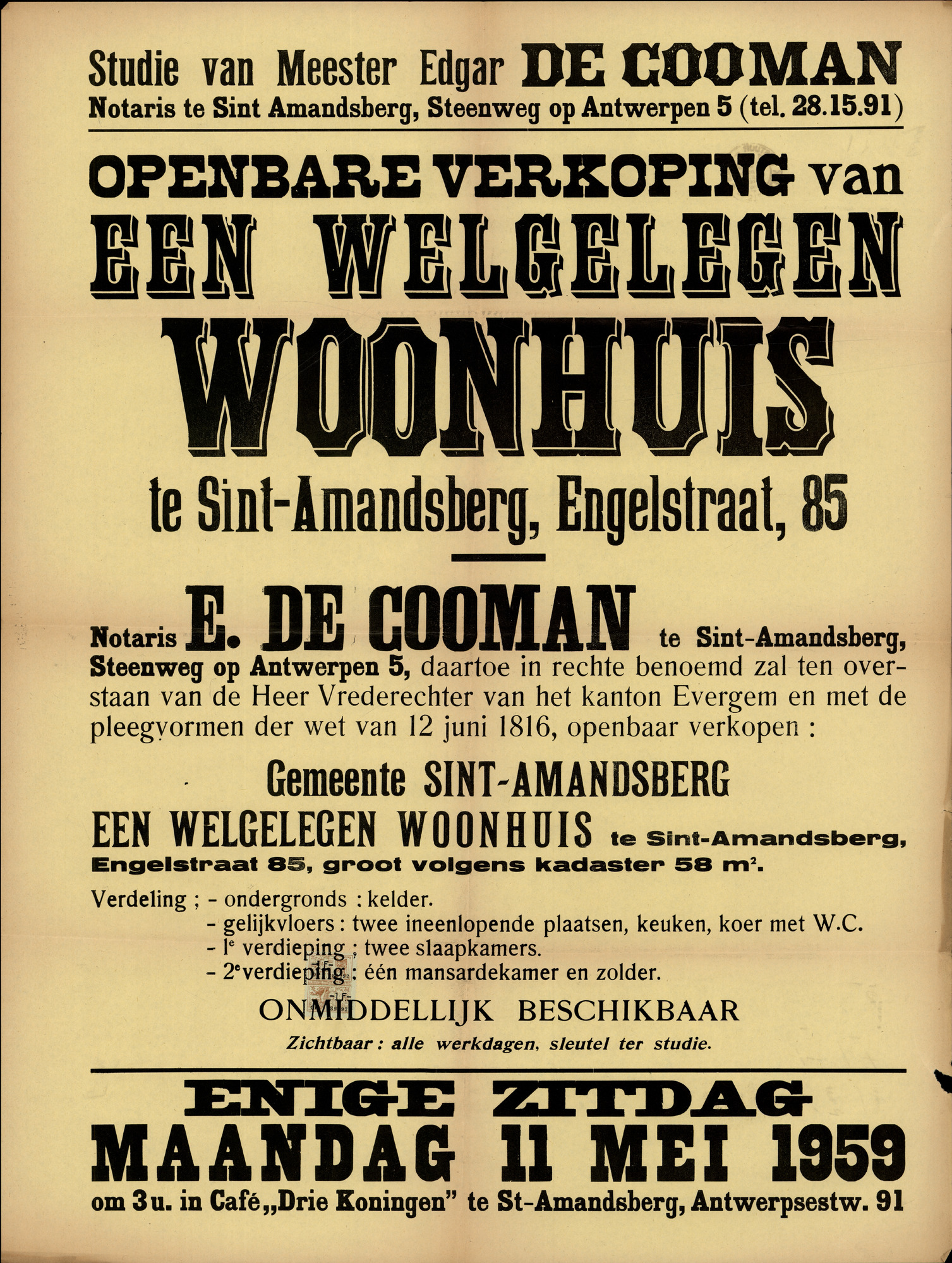 Openbare verkoop van een welgelegen woonhuis te Sint-Amandsberg, Engelstraat, nr.85, Sint-Amandsberg, 11 mei 1959