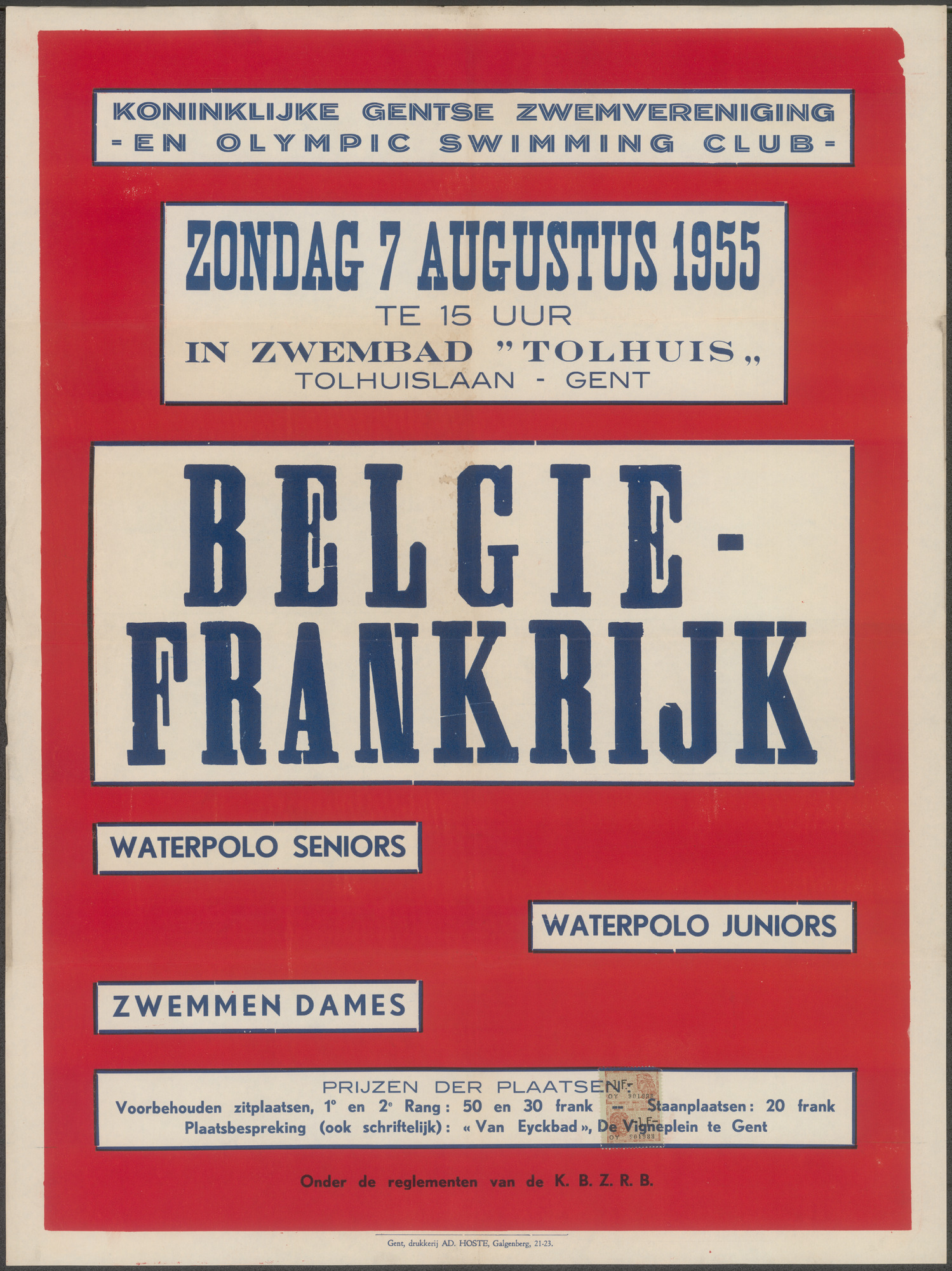 België - Frankrijk, Waterpolo seniors, waterpolo juniors, zwemmen dames, Koninklijke Gentse Zwemvereniging en Olympic Swimming Club, zondag 7 augustus 1955 te 15 uur in zwembad Tolhuis, Gent