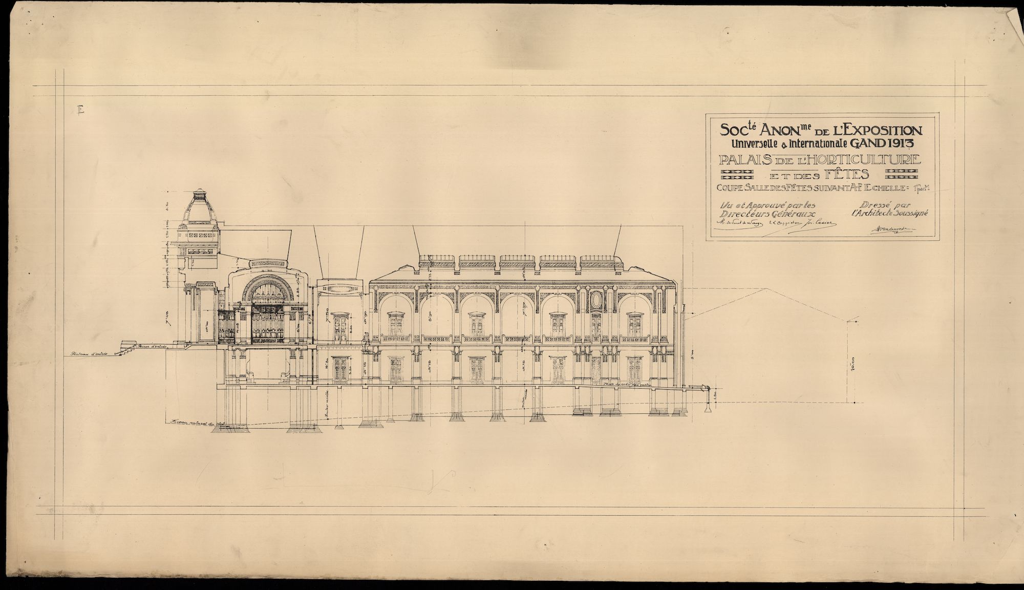 Gent: Citadelpark: bouwplan van het Feestpaleis (Palais de l'Horticulture et des Fêtes) - Plan E - doorsnede van de feestzaal (Coupe Salle des Fêtes suivant A-B), 1913