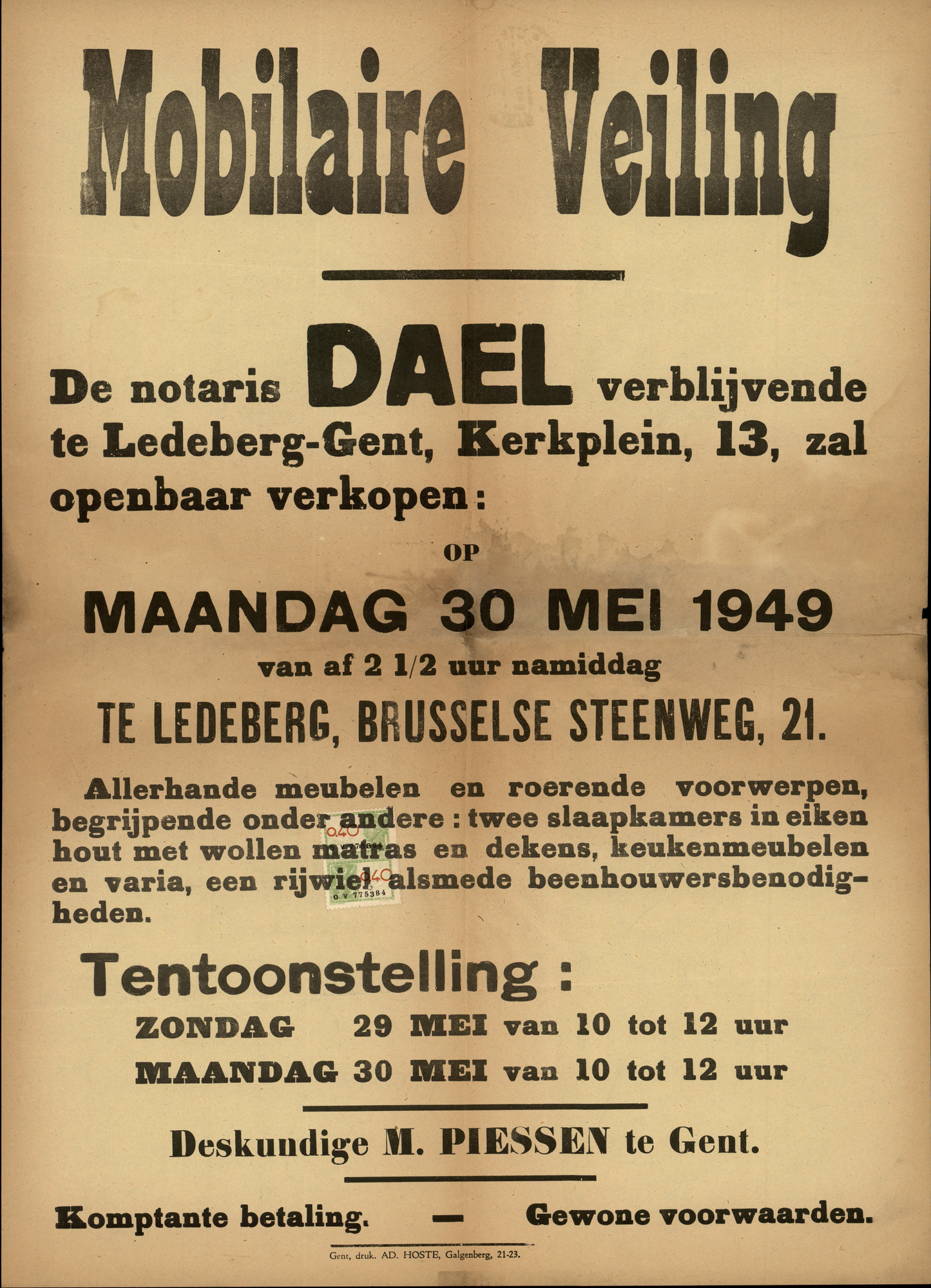 Mobilaire veiling te Ledeberg, Brusselse Steenweg, nr.21, (Brusselsesteenweg), 30 mei 1949