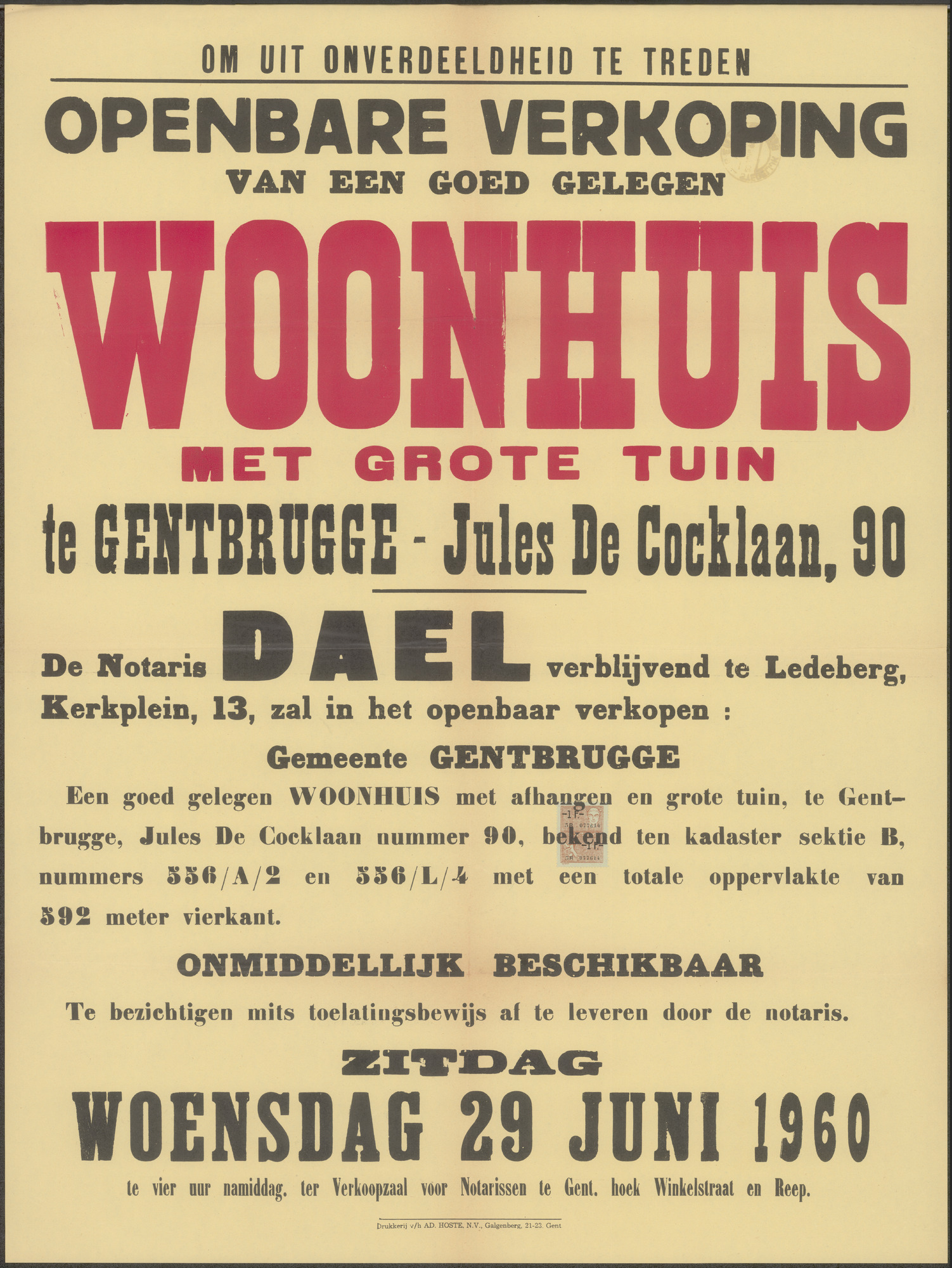 Openbare verkoop van een goed gelegen woonhuis met grote tuin te Gentbrugge - Jules De Cocklaan, nr.90, Gent, 29 juni 1960
