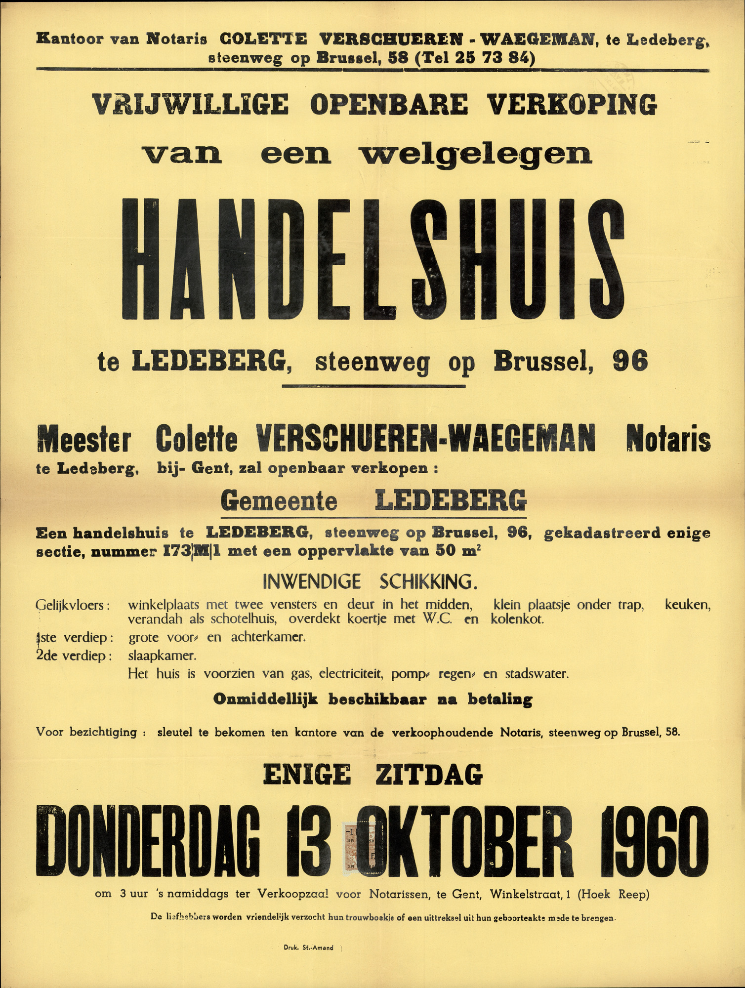 Vrijwillige openbare verkoop van een welgelegen handelshuis te Ledeberg, steenweg op Brussel, nr.96 (Brusselsesteenweg), Gent, 13 oktober 1960