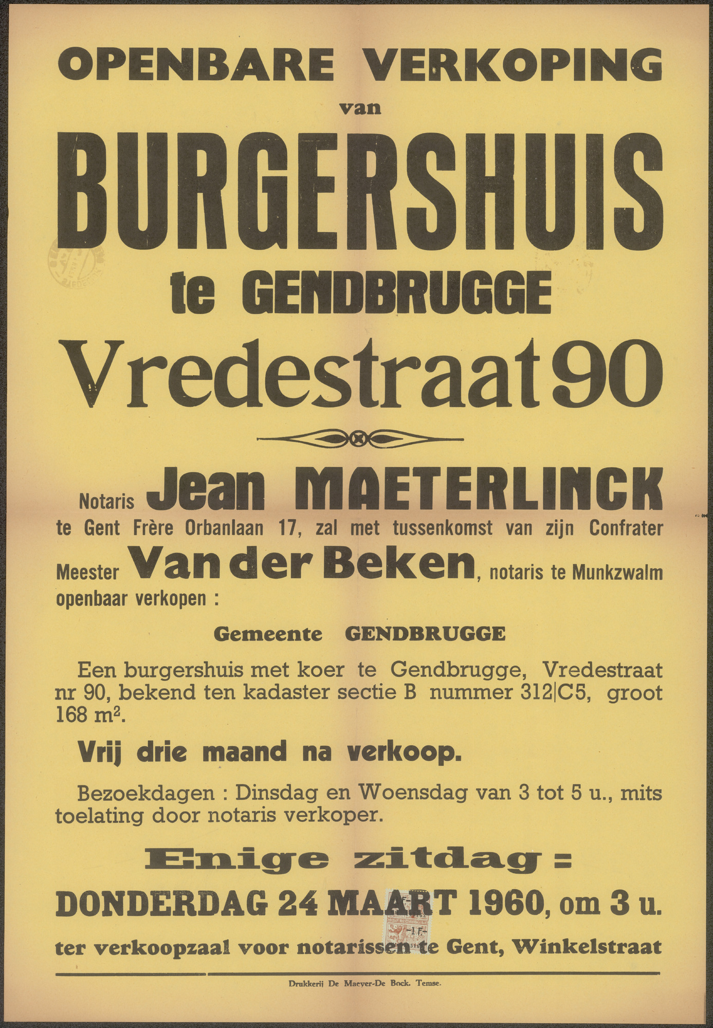 Openbare verkoop van burgershuis te Gendbrugge (Gentbrugge), Vredestraat, nr. 90, Gent, 24 maart 1960