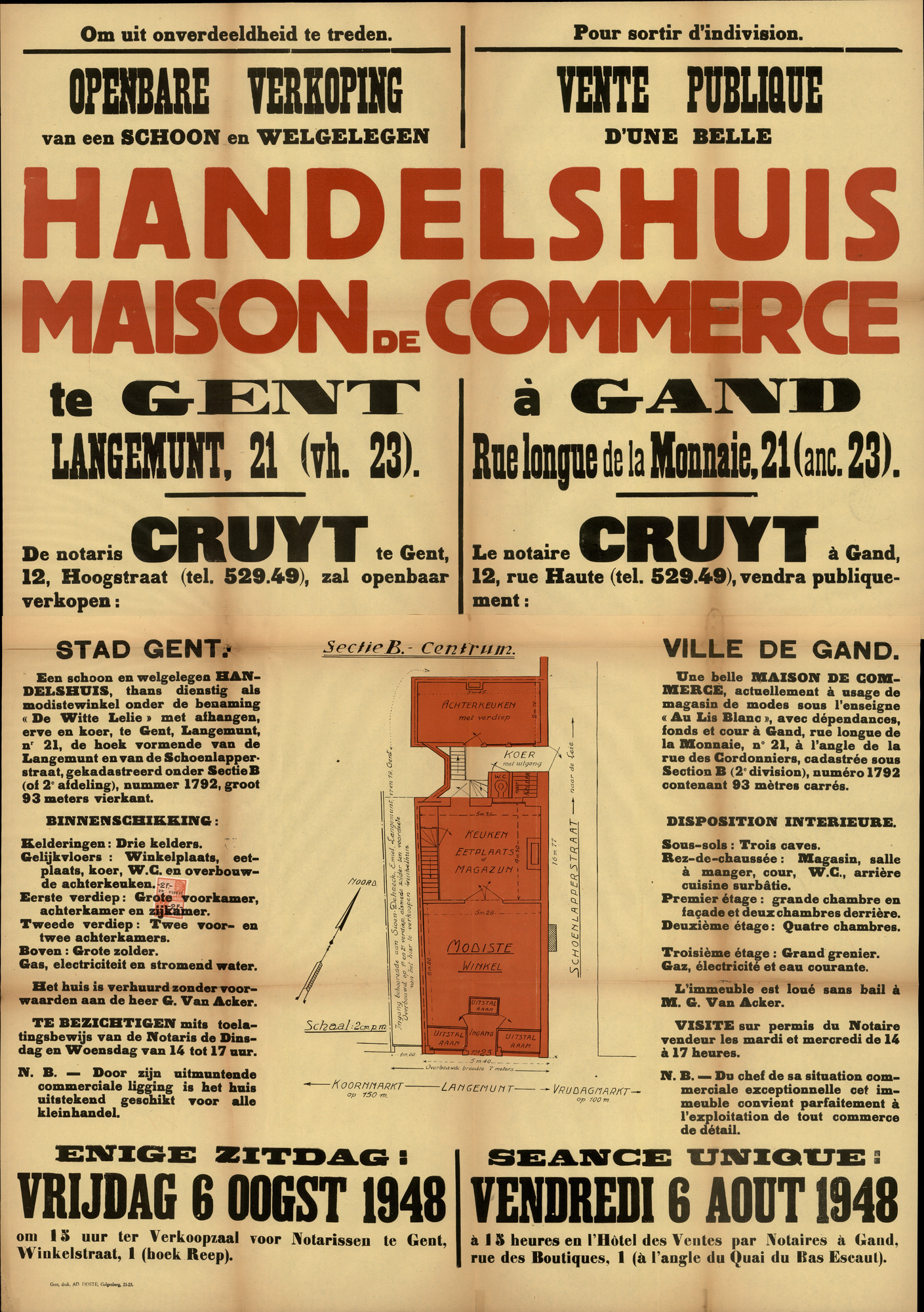 Openbare verkoop van een schoon en welgelegen handelshuis te Gent, Langemunt, nr.21 (vh. 23), Gent, 6 augustus 1948