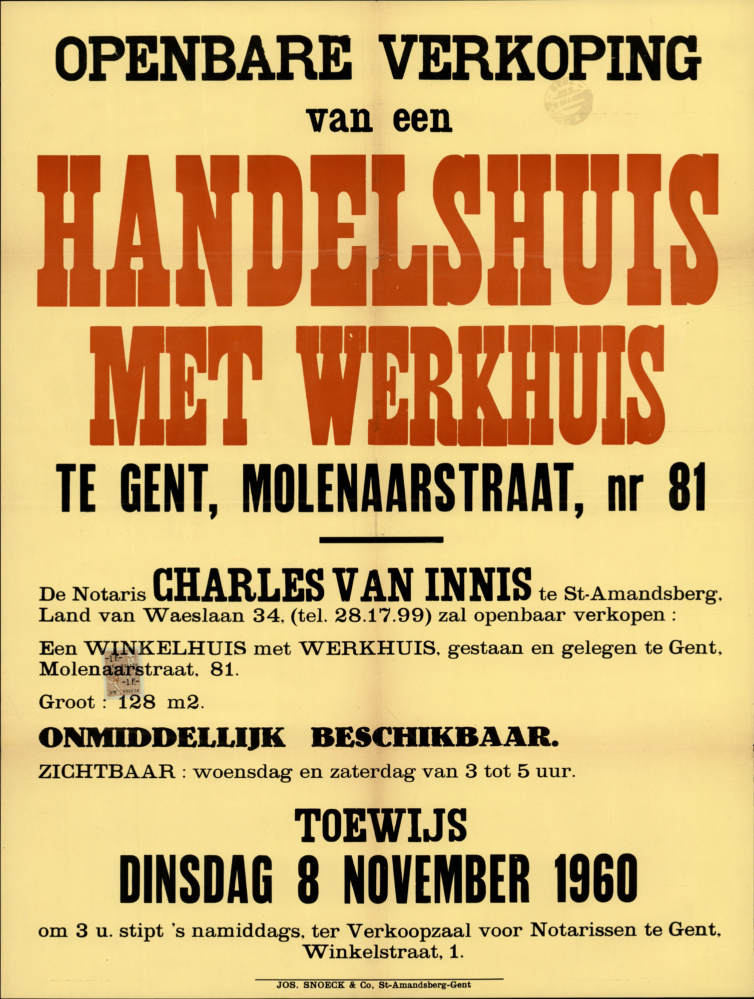 Openbare verkoop van een handelshuis met werkhuis te Gent, Molenaarstraat, nr.81, Gent, 8 november 1960