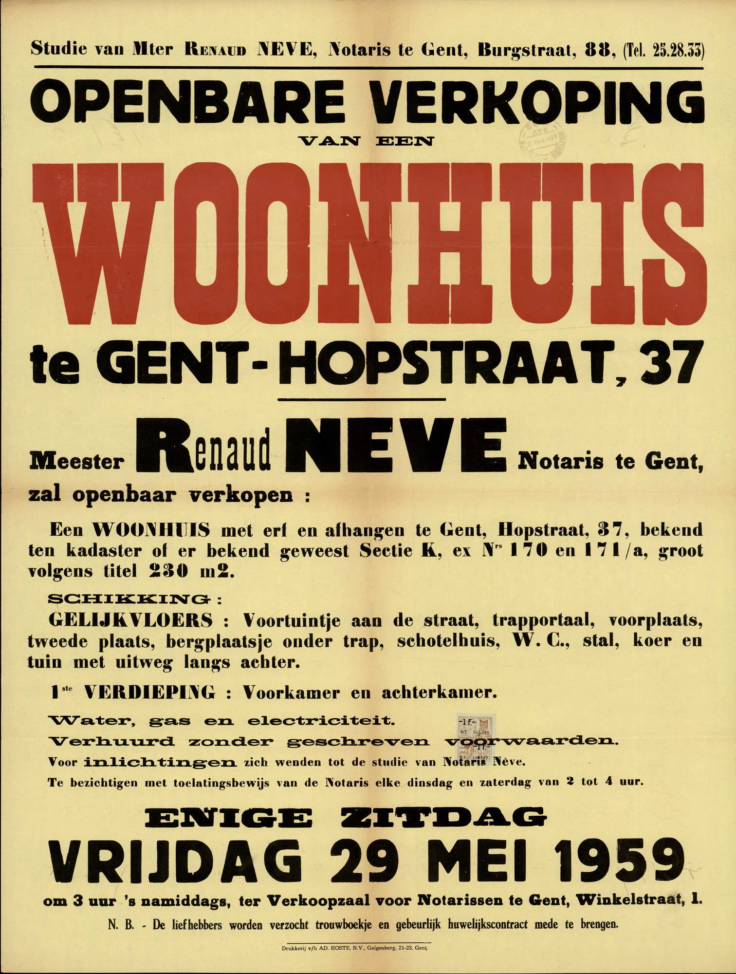 Openbare verkoop van een woonhuis te Gent, Hopstraat, nr.37, Gent, 29 mei 1959