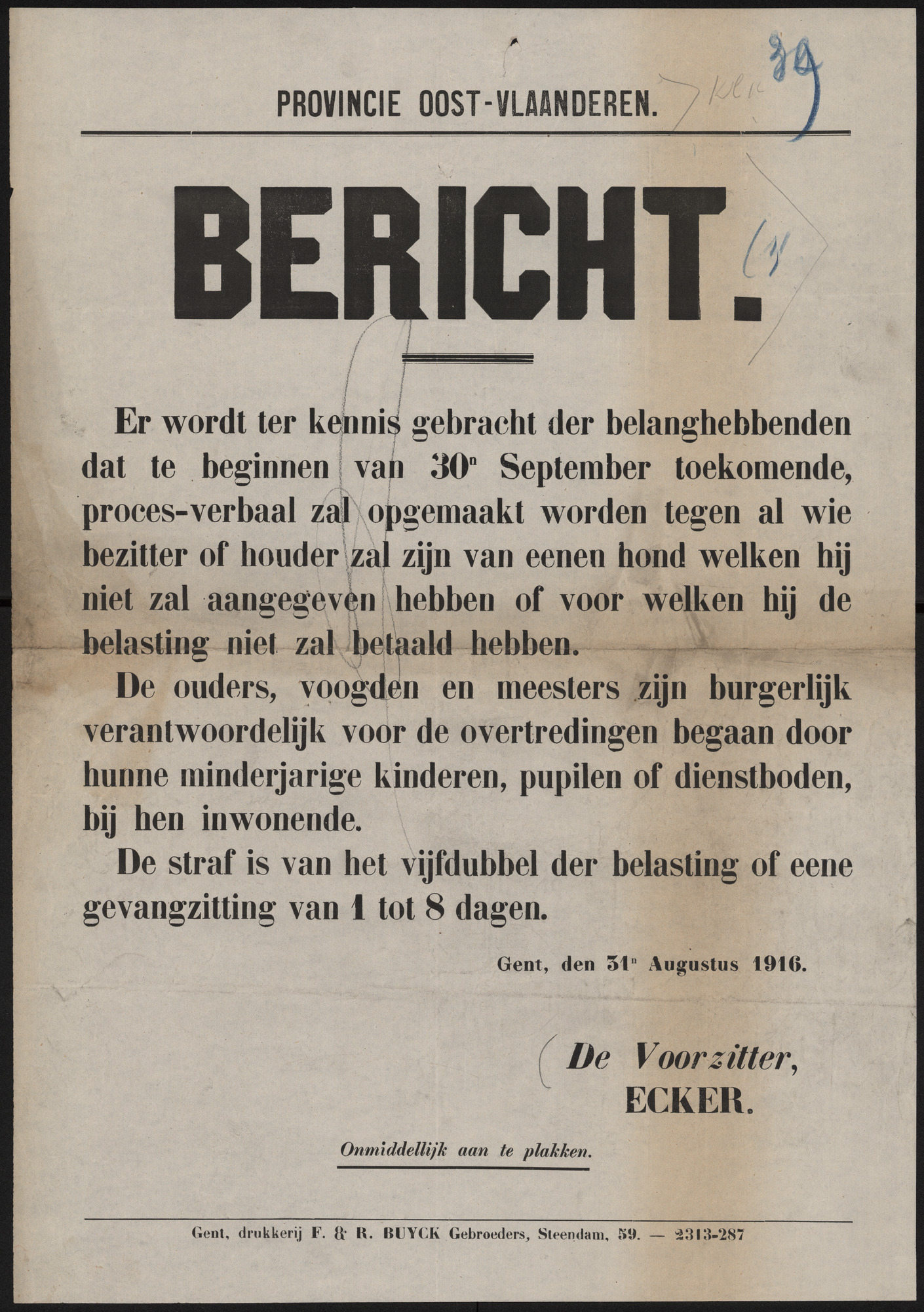 Provincie Oost-Vlaanderen, Bericht.