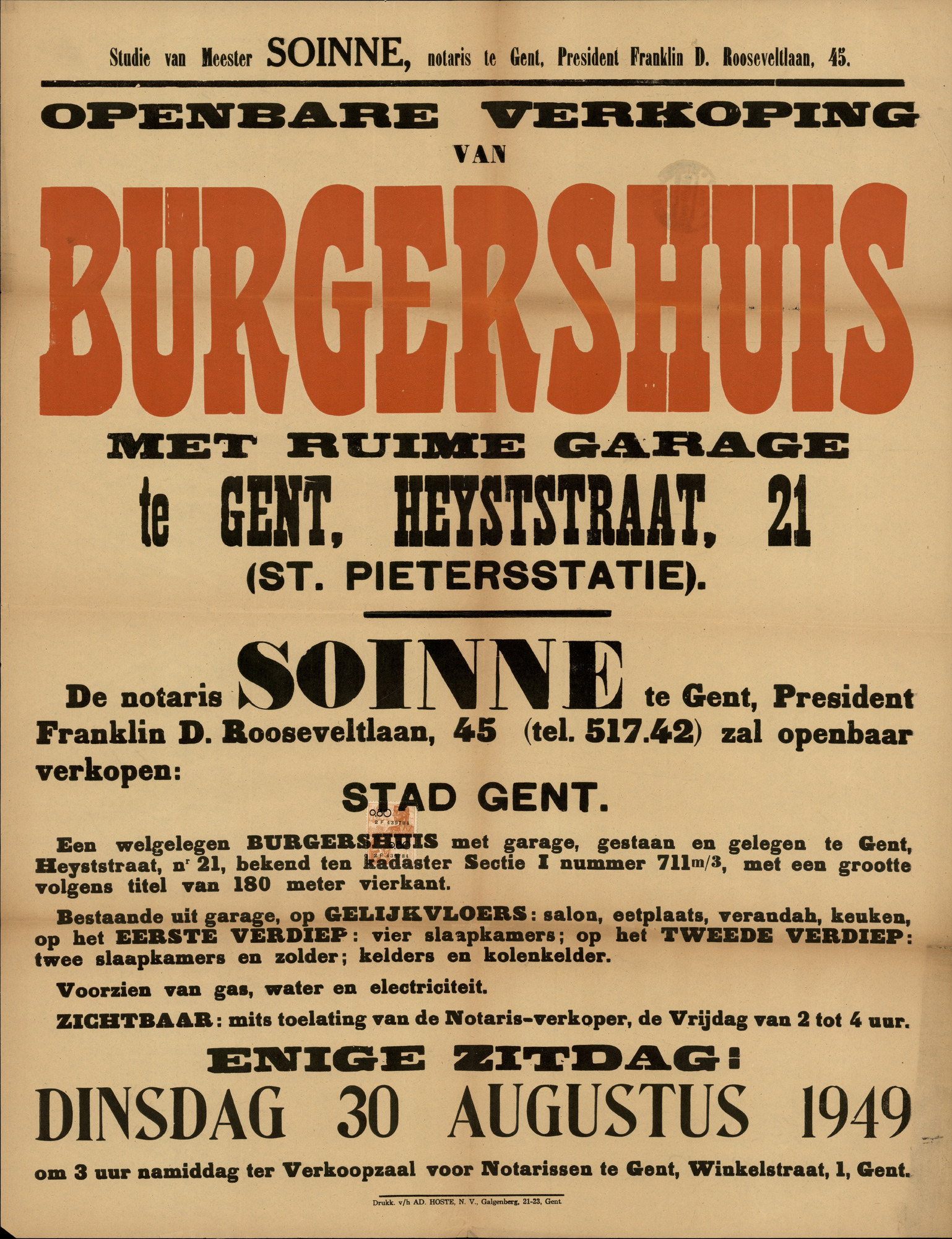 Openbare verkoop van burgershuis met ruime garage te Gent, Heyststraat, nr.21 (Heistraat) Gent, 30 augustus 1949