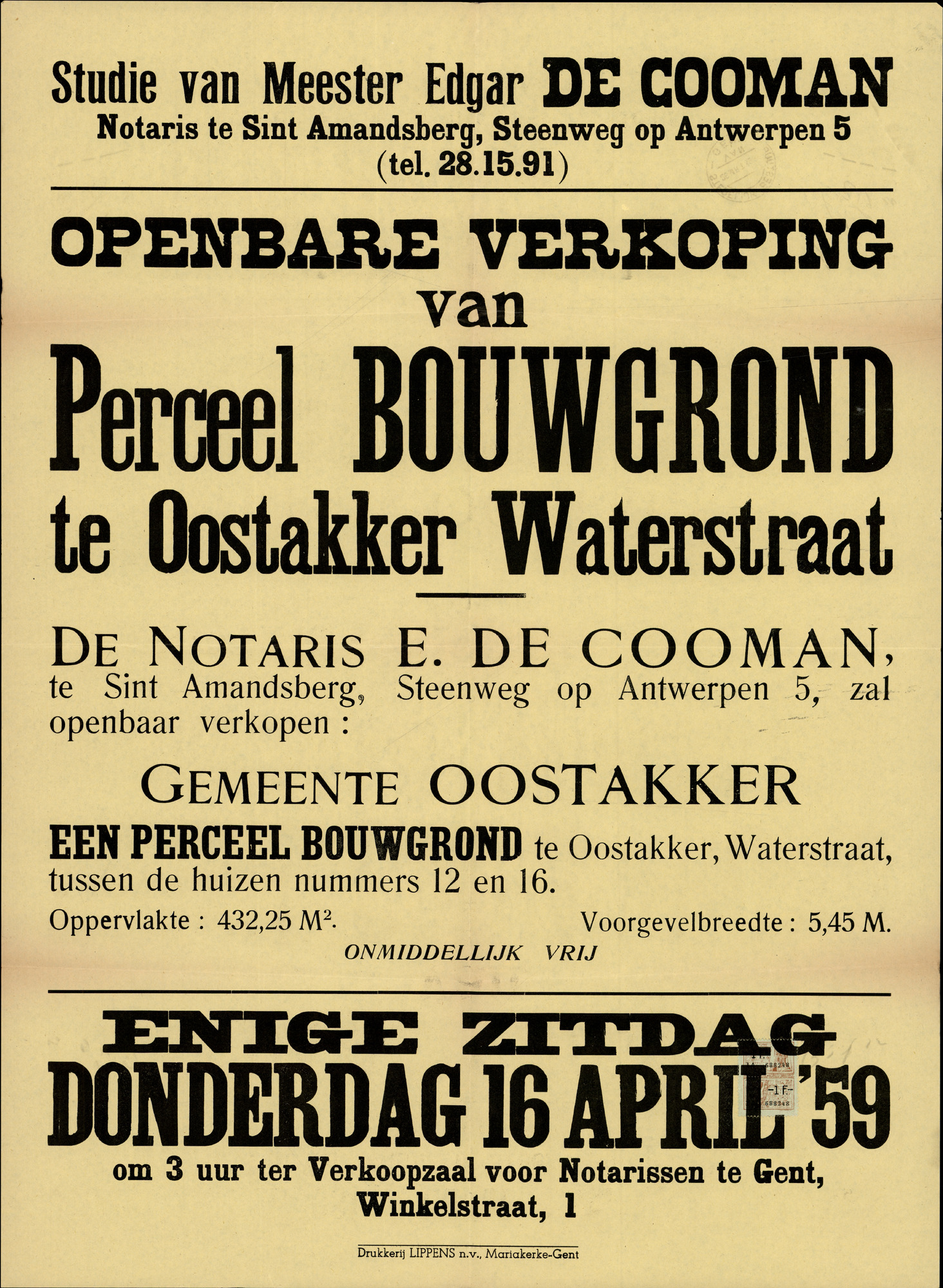 Openbare verkoop van perceel bouwgrond te Oostakker, Waterstraat, Gent, 16 april 1959