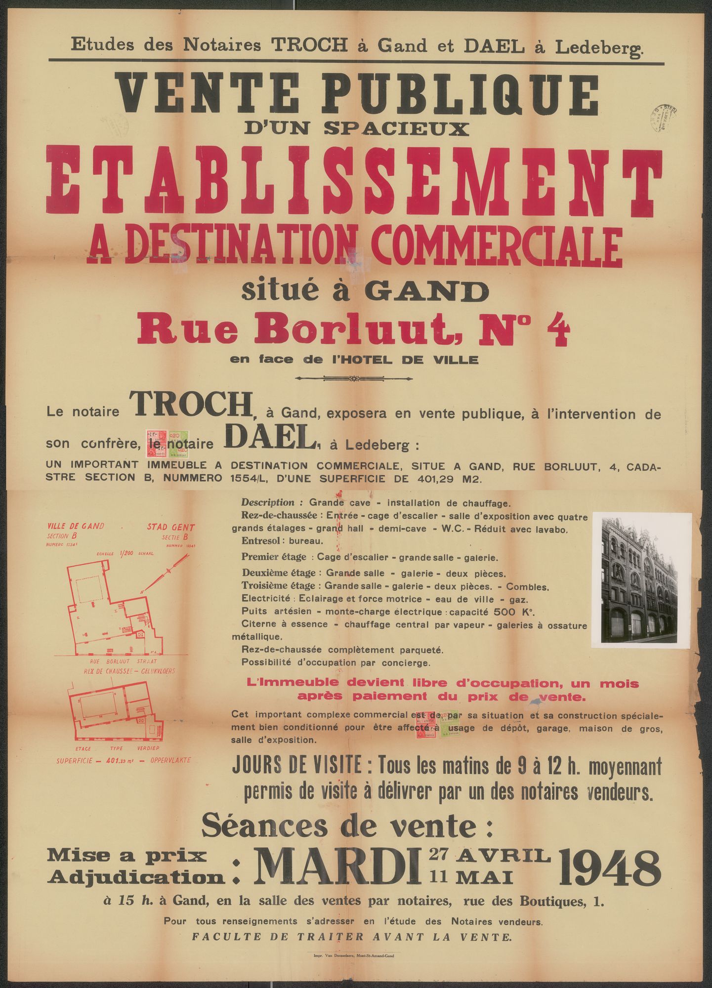 Vente publique d'un spacieux etablissement à destination commerciale, situé à Gand, rue Borluut N° 4 en face de l'Hotel de Ville, Gand, 11 mai 1948