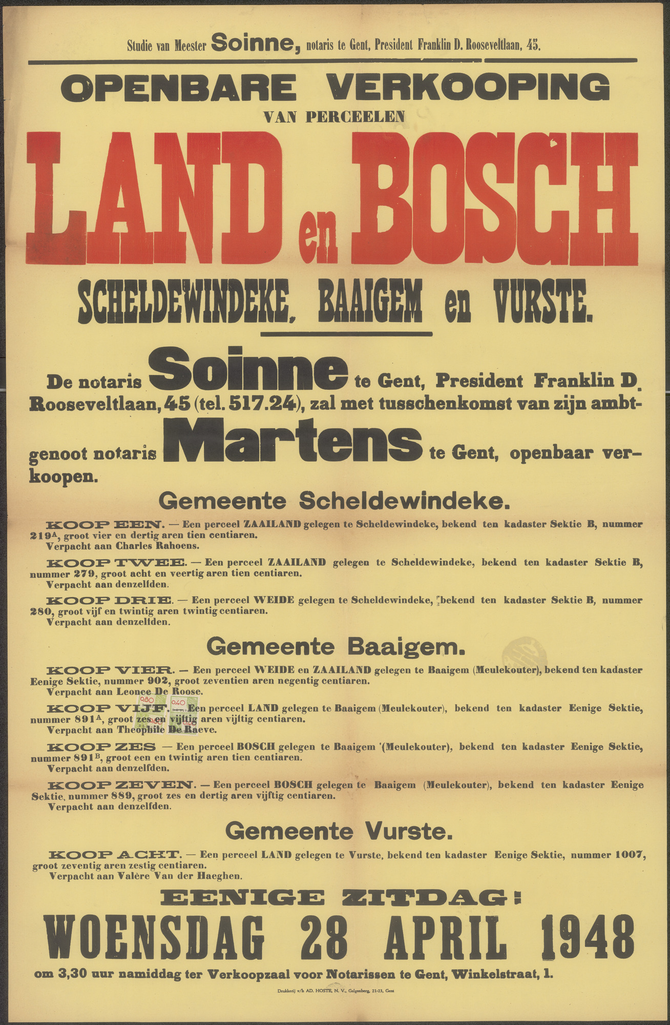 Openbare verkoop van percelen Land en Bos Scheldewindeke, Baaigem en Vurste, Gent, 28 april 1948