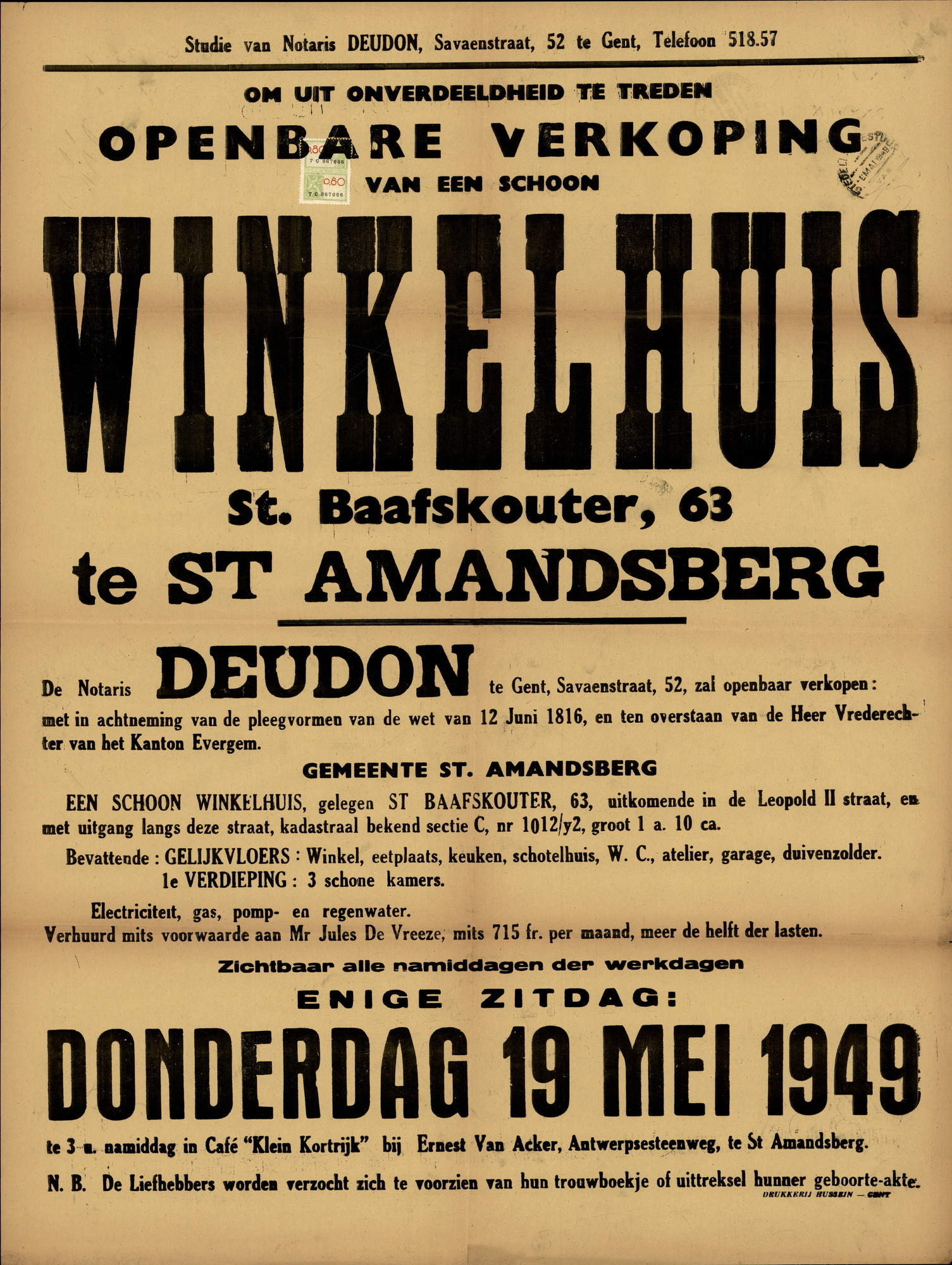 Openbare verkoop van een schoon winkelhuis, Sint-Baafskouter, nr.63 te Sint-Amandsberg, 19 mei 1949