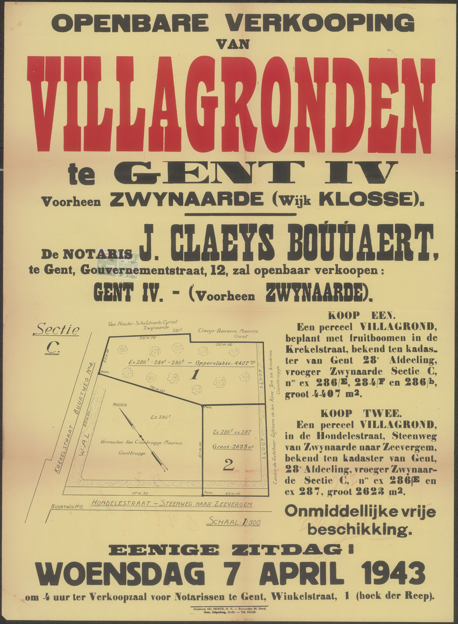 Openbare verkoop van Villagronden te Gent IV, voorheen Zwynaarde (Wijk Klosse), Gent, 7 april 1943