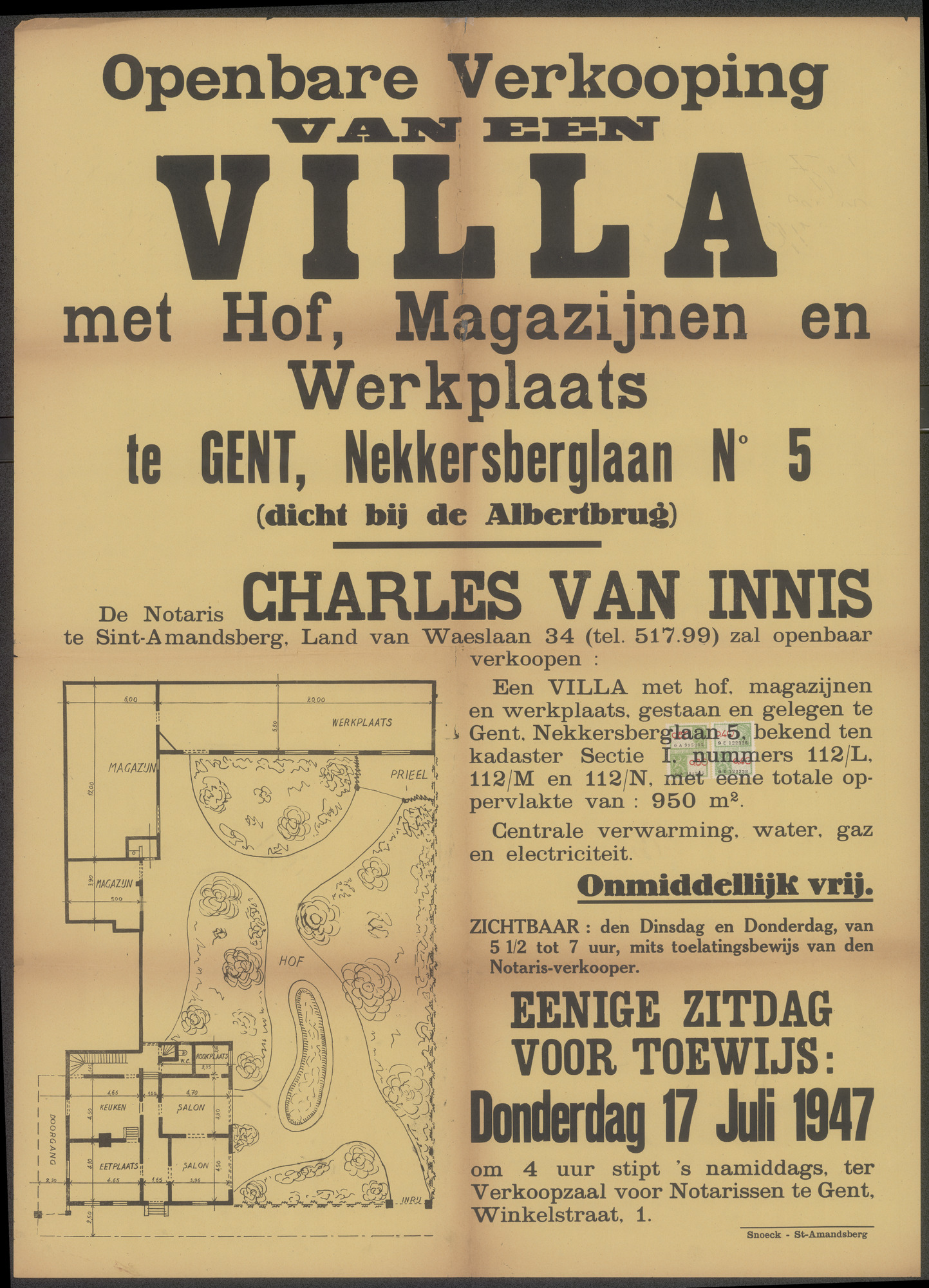Openbare verkoop van een Villa met hof, magazijnen en werkplaats te Gent, Nekkersberglaan N° 5 (dicht bij de Albertbrug), Gent, 17 juli 1947