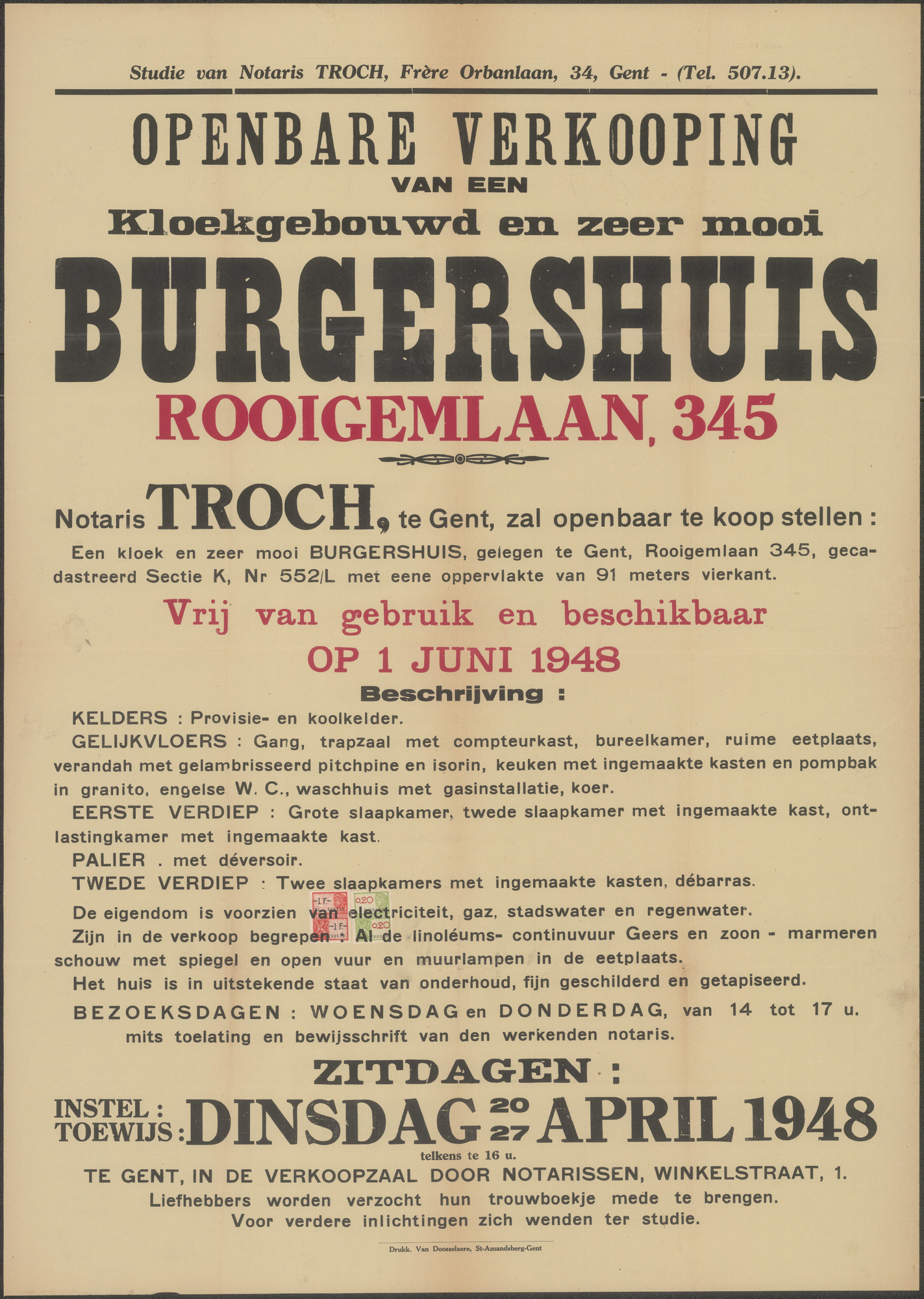 Openbare verkoop van een kloekgebouwd en zeer mooi burgershuis, Rooigemlaan, nr.345, Gent, 27 april 1948
