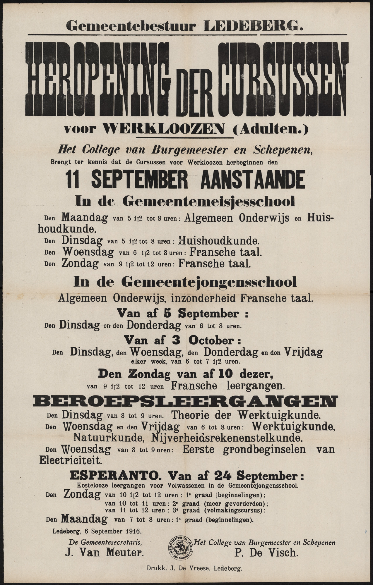 Gemeentebestuur Ledeberg, Heropening der Cursussen voor Werkloozen (Adulten).