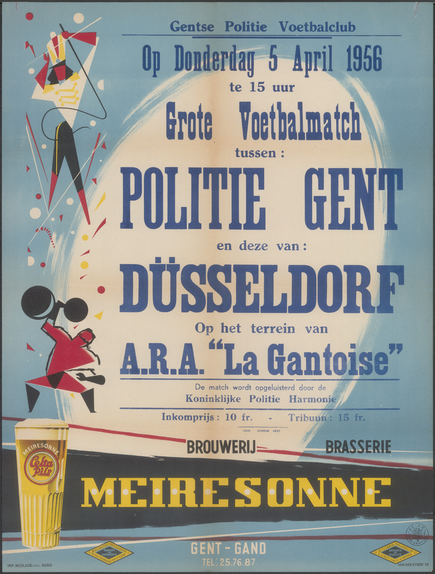 Grote Voetbalmatch tussen: Politie Gent en deze van Düsseldorf op het terrein van A.R.A. La Gantoise, Gentbrugge, op donderdag 5 april 1956