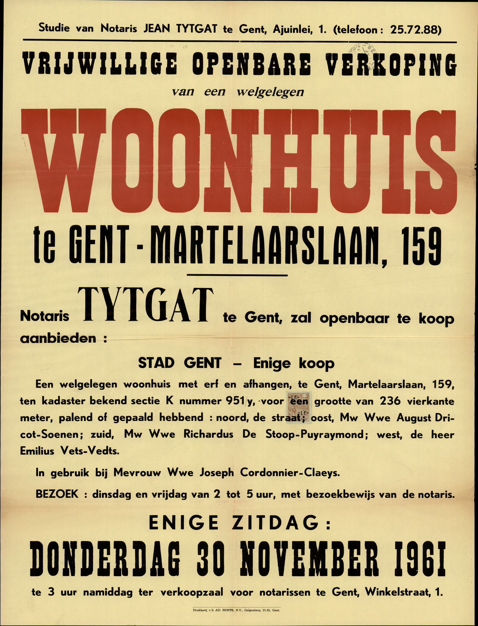 Vrijwillige openbare verkoop van een welgelegen woonhuis te Gent, Martelaarslaan, nrs.159, Gent, 30 november 1961