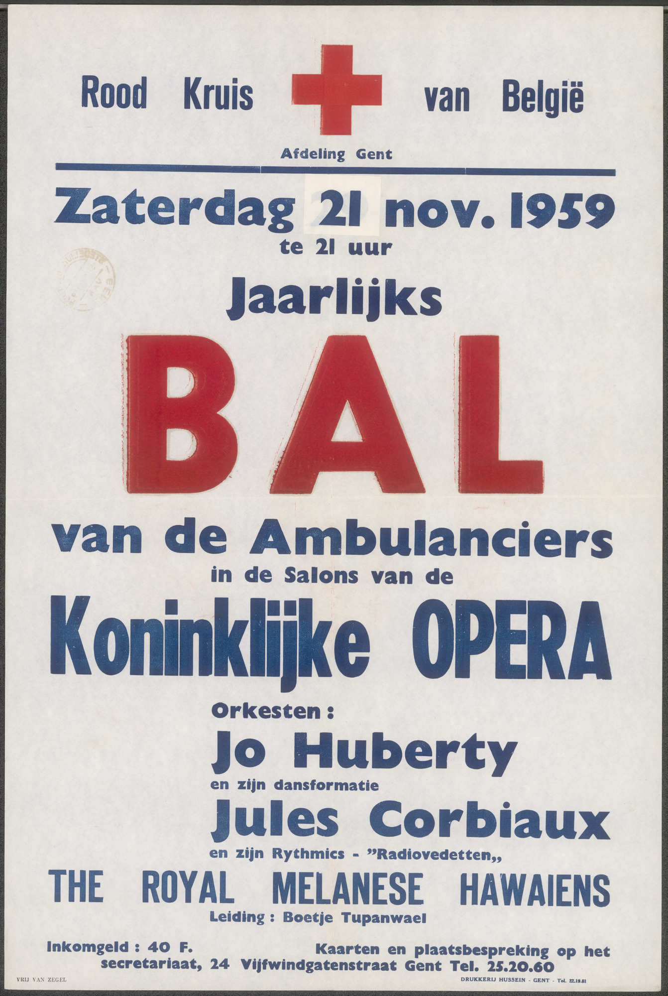 Jaarlijks Bal van de Ambulanciers. Rood Kruis (Rode Kruis) van België. Koninklijke Opera, Gent, 21 november 1959