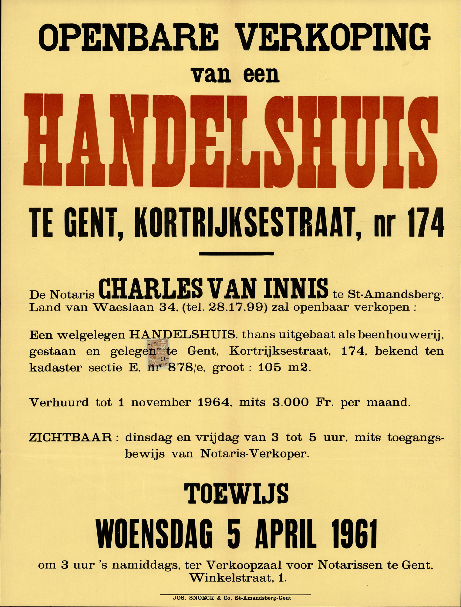 Openbare verkoop van een handelshuis te Gent, Kortrijksestraat, nr.174, Gent, 5 april 1961