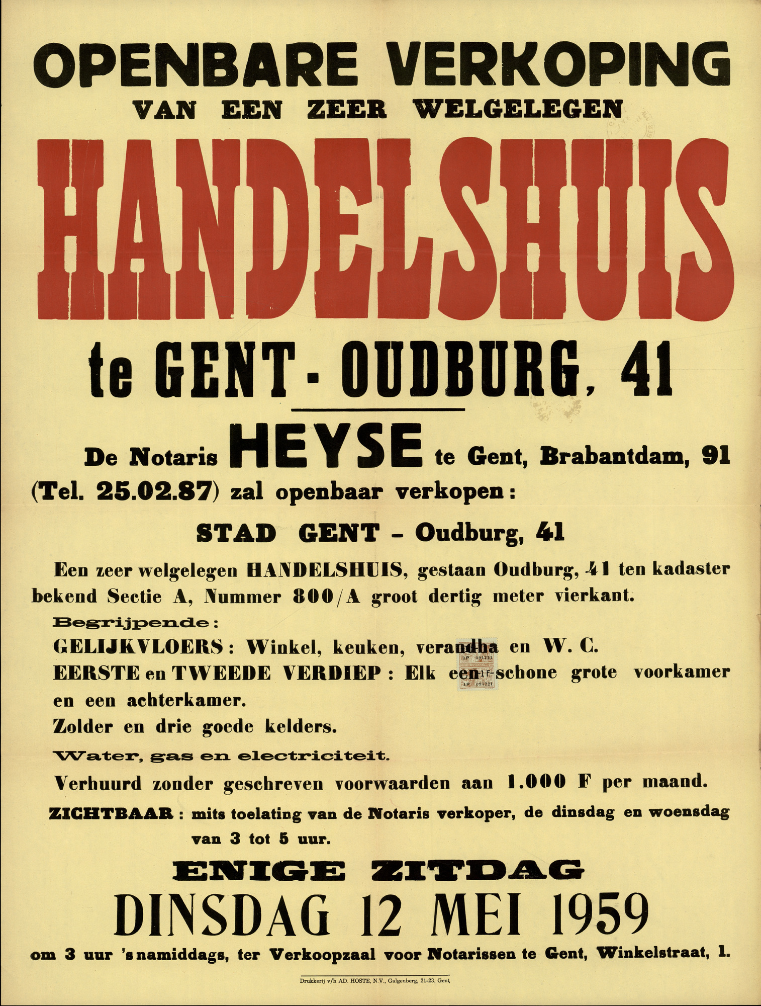 Openbare verkoop van een zeer welgelegen handelshuis te Gent, Oudburg, nr.41, Gent, 12 mei 1959
