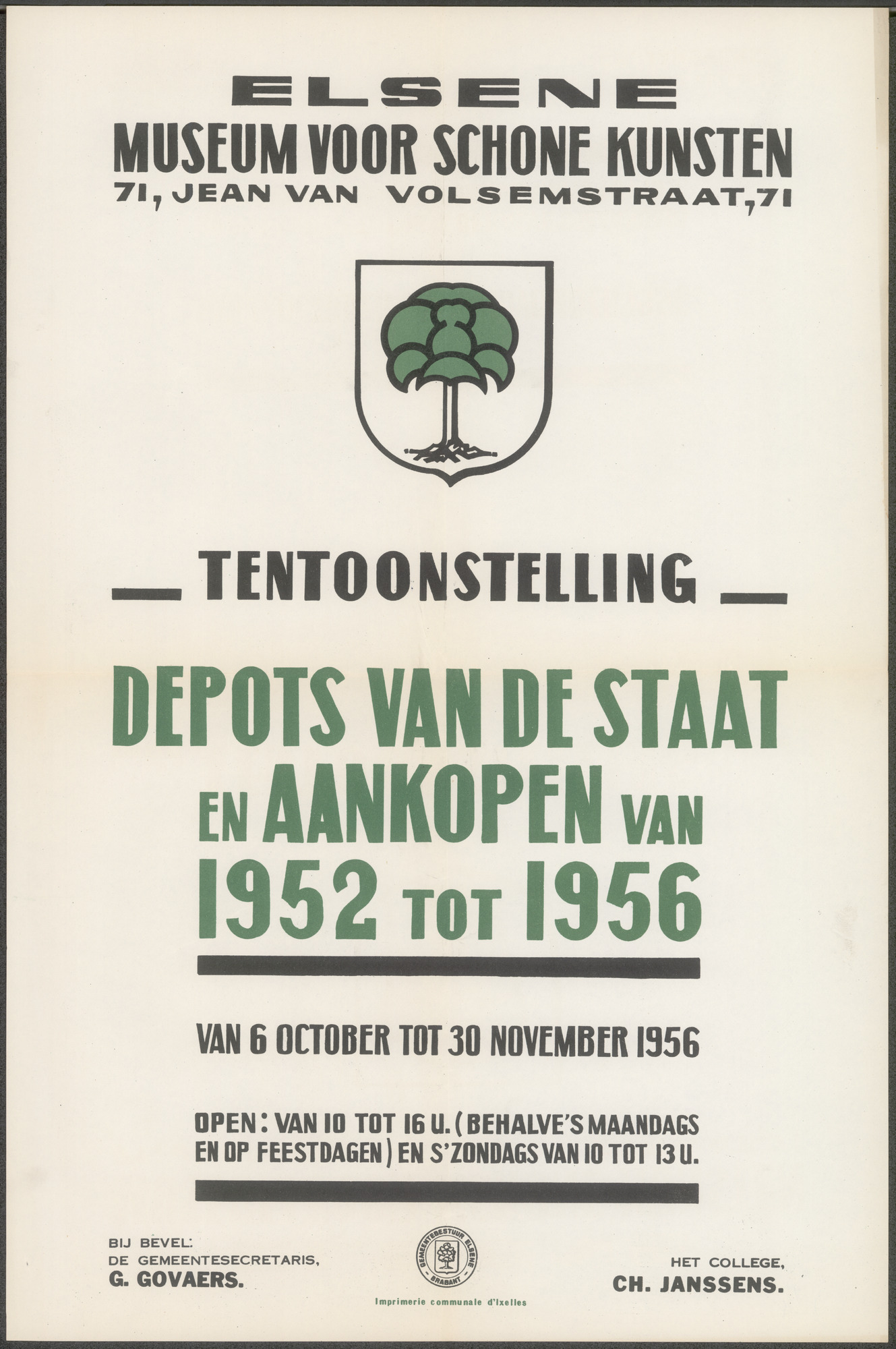 Tentoonstelling Depots van de Staat en aankopen van 1952 tot 1956, Museum voor Schone Kunsten, Elsene, 6 oktober - 30 november 1956