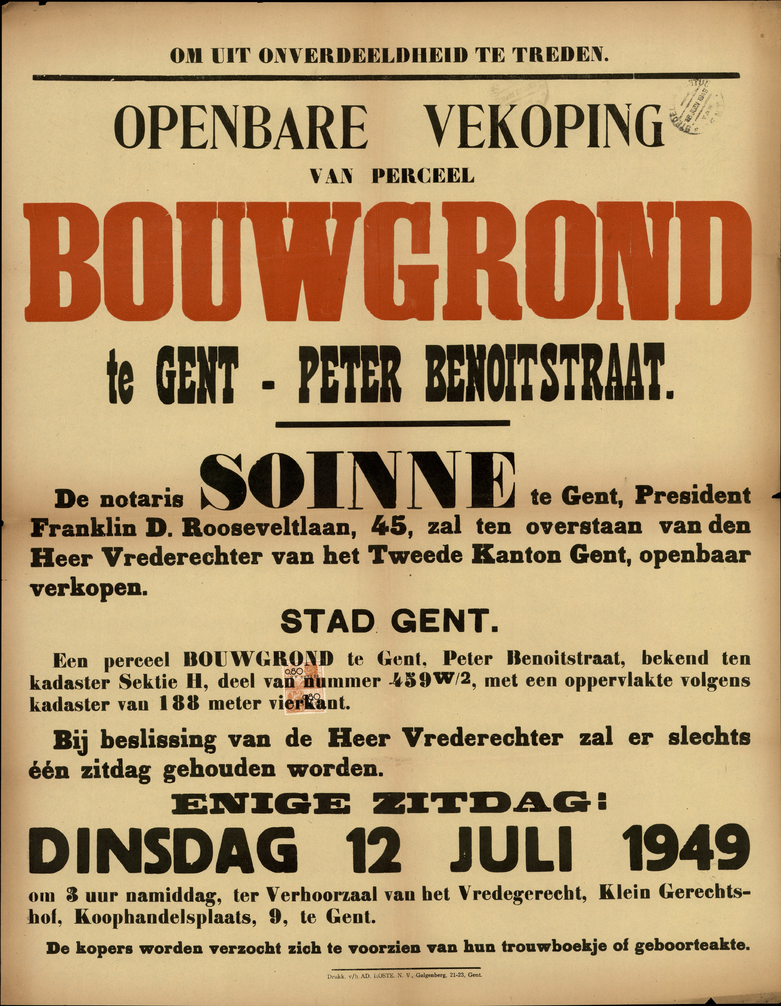 Openbare verkoop van perceel bouwgrond te Gent, Peter Benoitstraat, Gent, 12 juli 1949