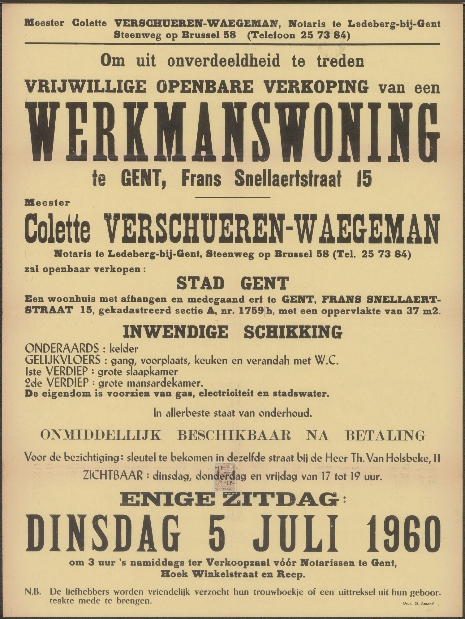 Vrijwillige openbare verkoop van een werkmanswoning te Gent, Frans Snellaertstraat, nr.15, Gent, 5 juli 1960