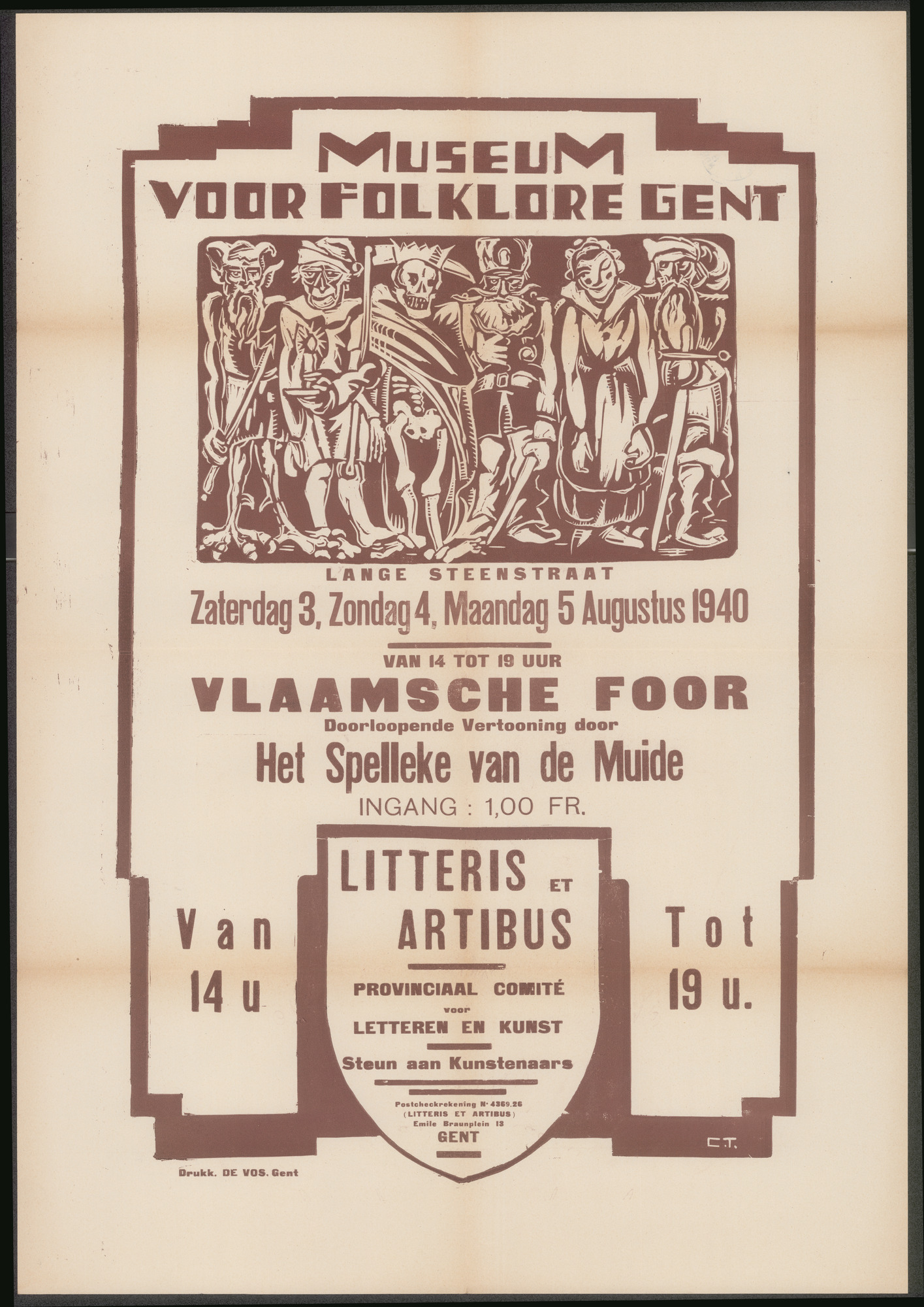 Vlaamsche Foor, doorloopende vertooning door: Het Spelleke van de Muide . Litteris et Artibus, Provinciaal Comité voor Letteren en kunst , Steun aan kunstenaars, Museum voor Folklore Gent, Gent, 1940