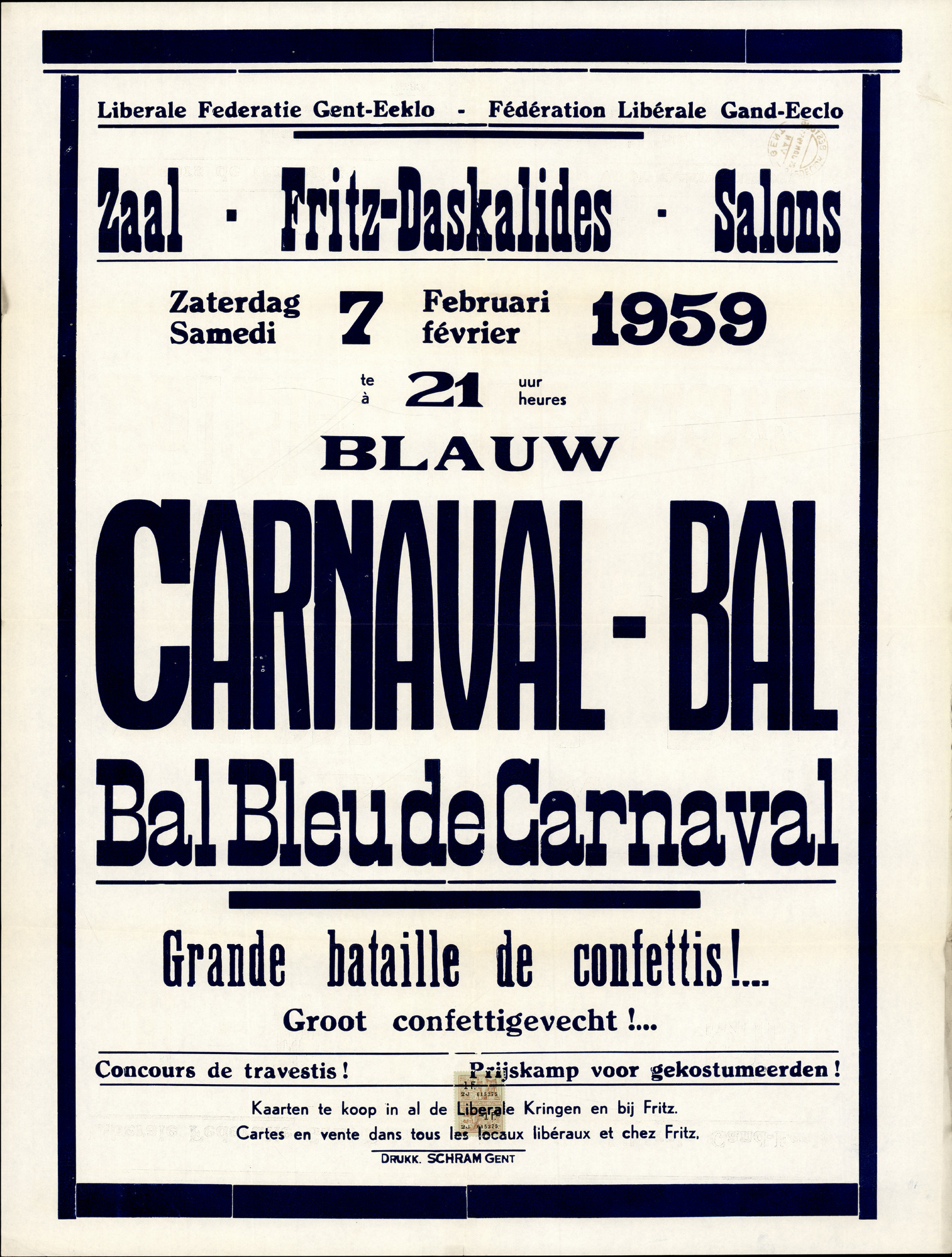 Blauw Carnaval - Bal, Bal Bleude Carnaval | Zaal - Fritz-Daskalides - Salons, zaterdag - samedi 7 februari - février 1959 te - à 21 uur / heurses