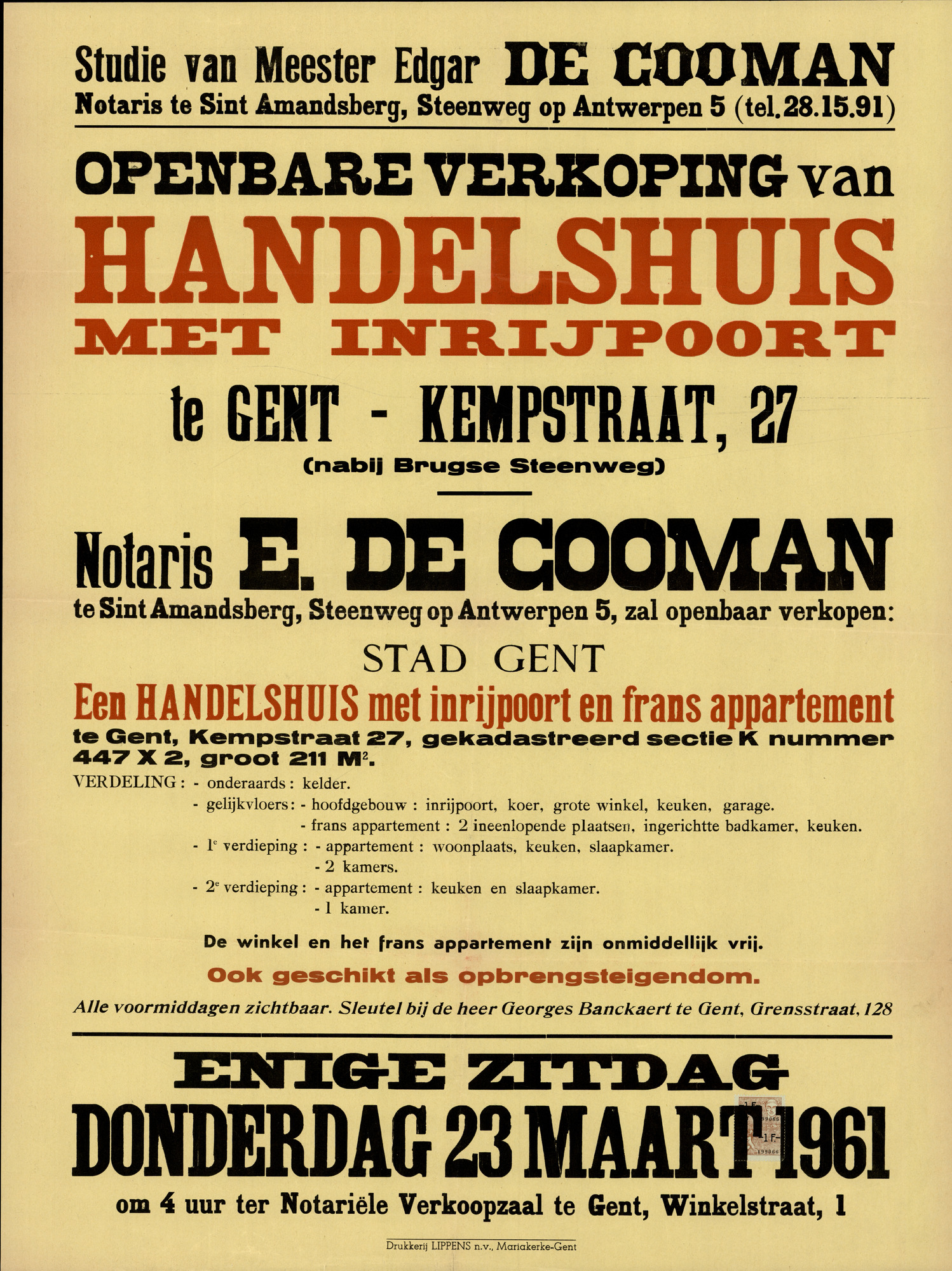Openbare verkoop van handelshuis met inrijpoort te Gent, Kempstraat, nr.27, Gent, 23 maart 1961
